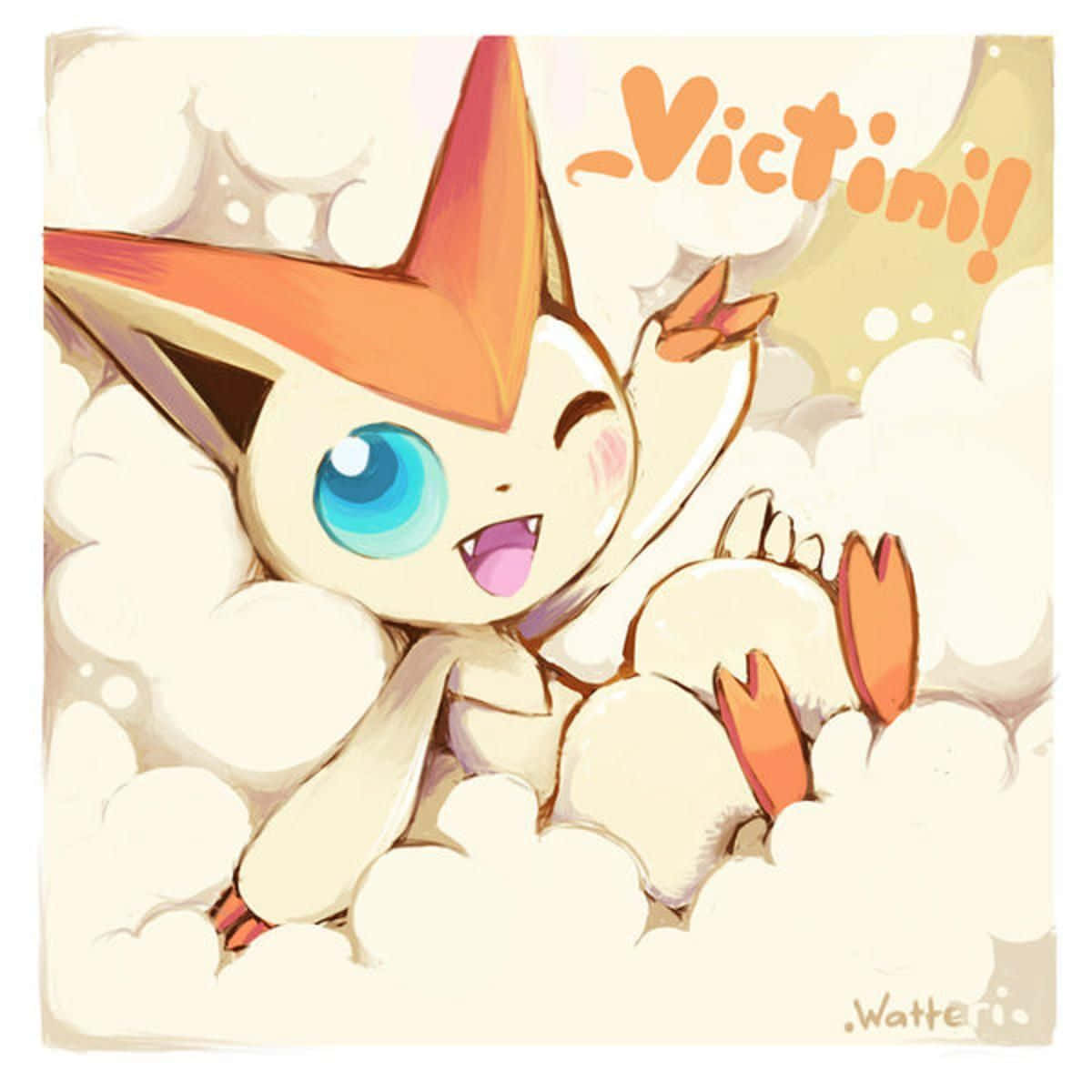 維克蒂尼躺在雲朵上 壁紙 — 一隻開心的 Victini 閉上一隻眼並眨眼，坐在蓬鬆的雲朵上，揮舞著明亮的橙色角和藍色的眼睛。