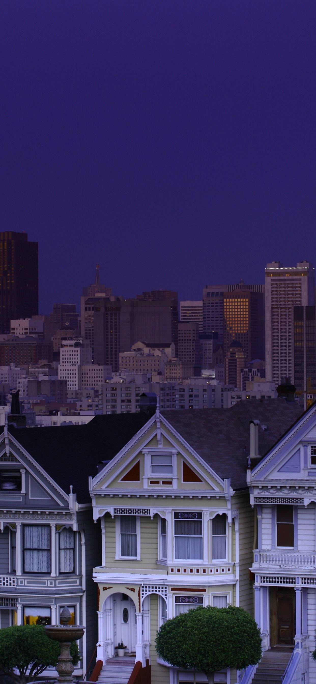 San Francisco Phone 桌布 壁紙 — 維多利亞式房屋帶有華麗的裝飾線條，矗立在前景，背景是深紫色的暮色天空，上方是遙遠的城市天際線。