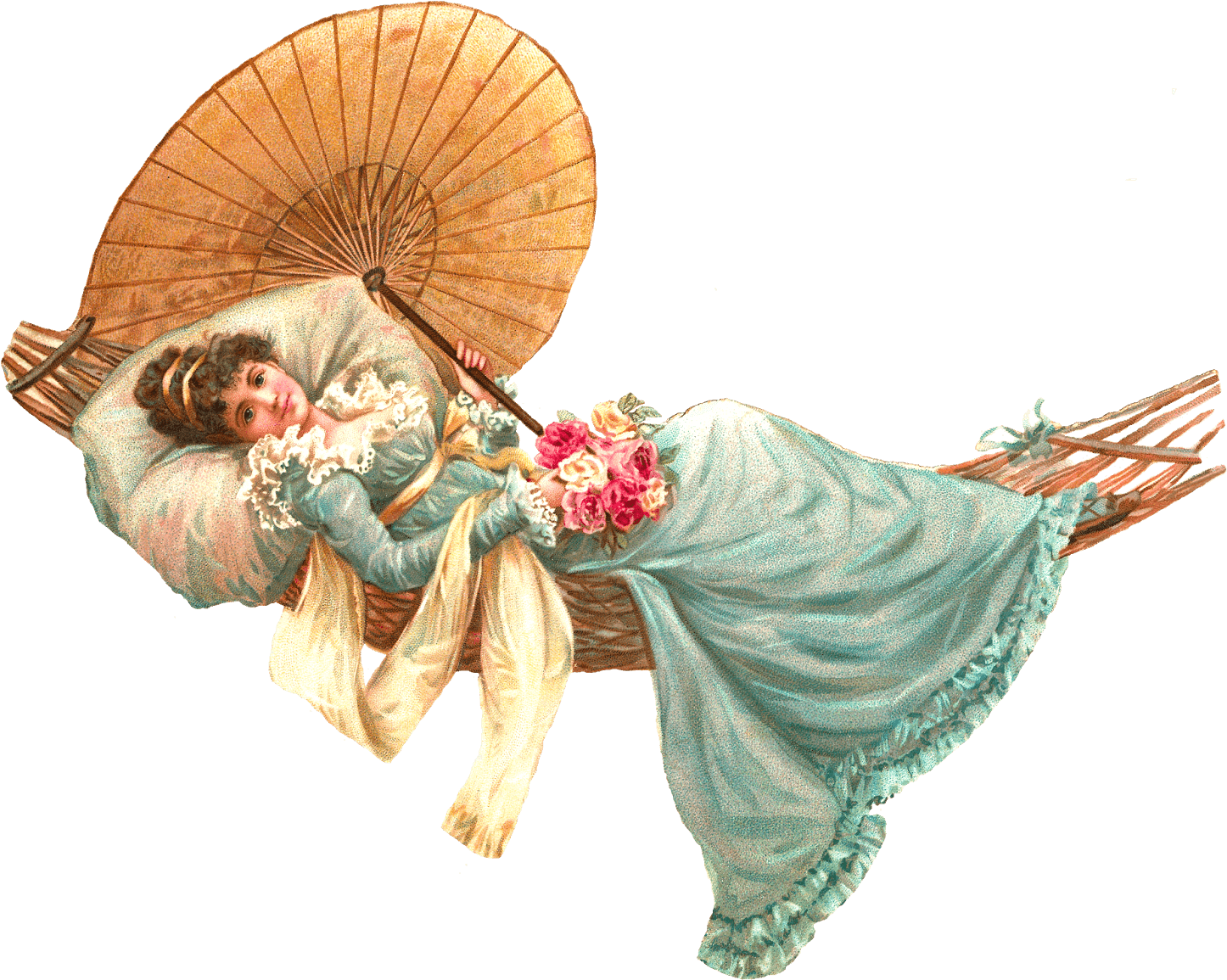 維多利亞時代女士懸吊躺椅持傘 壁紙 — 一幅復古插圖，描繪一位身穿藍色長袍的女子斜倚在柳條籃中，手持陽傘和玫瑰。