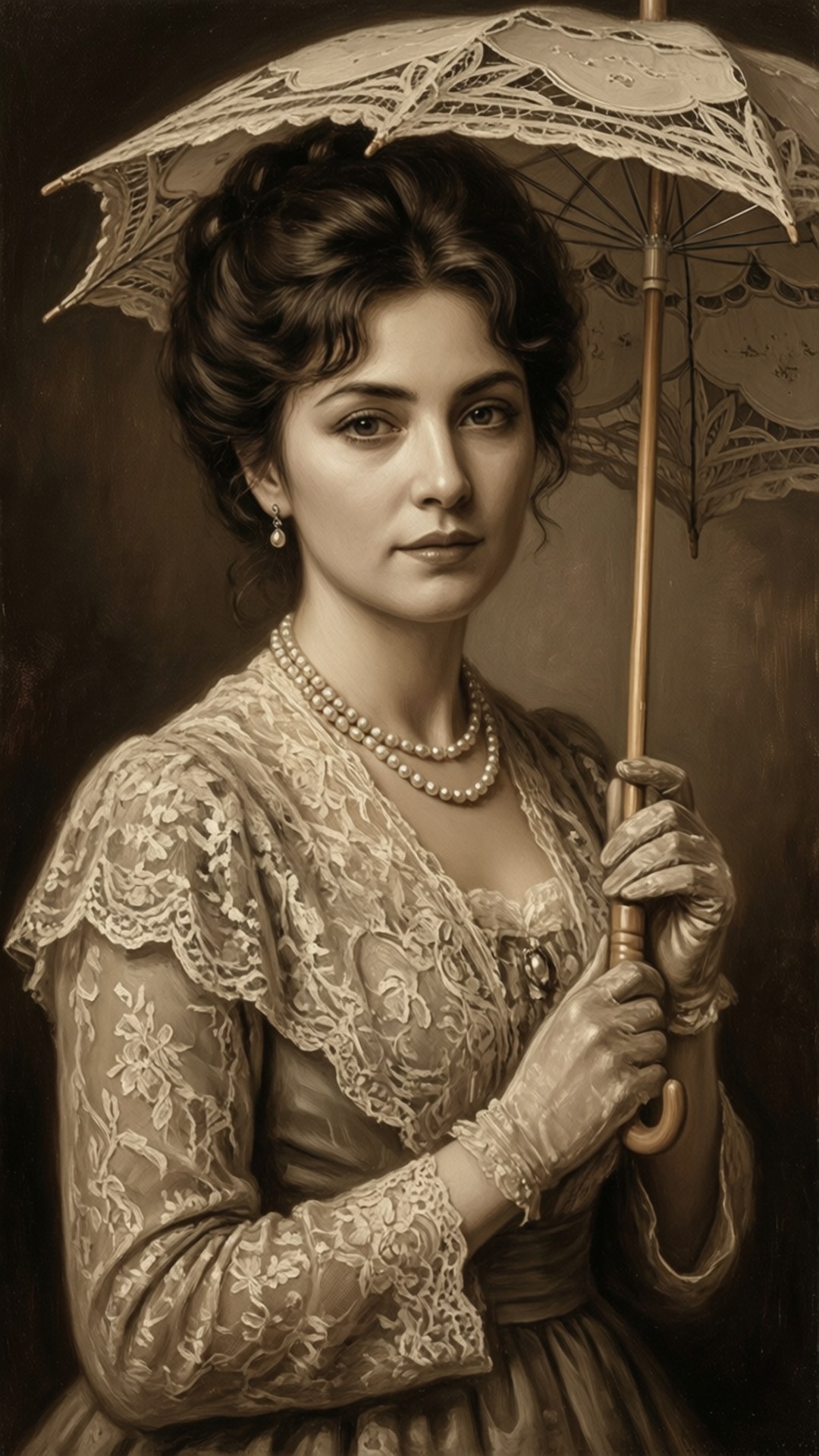 維多利亞時代女士肖像 壁紙 — 一幅懷舊色調的維多利亞時代女性肖像，手持蕾絲陽傘，戴著手套和珍珠。
