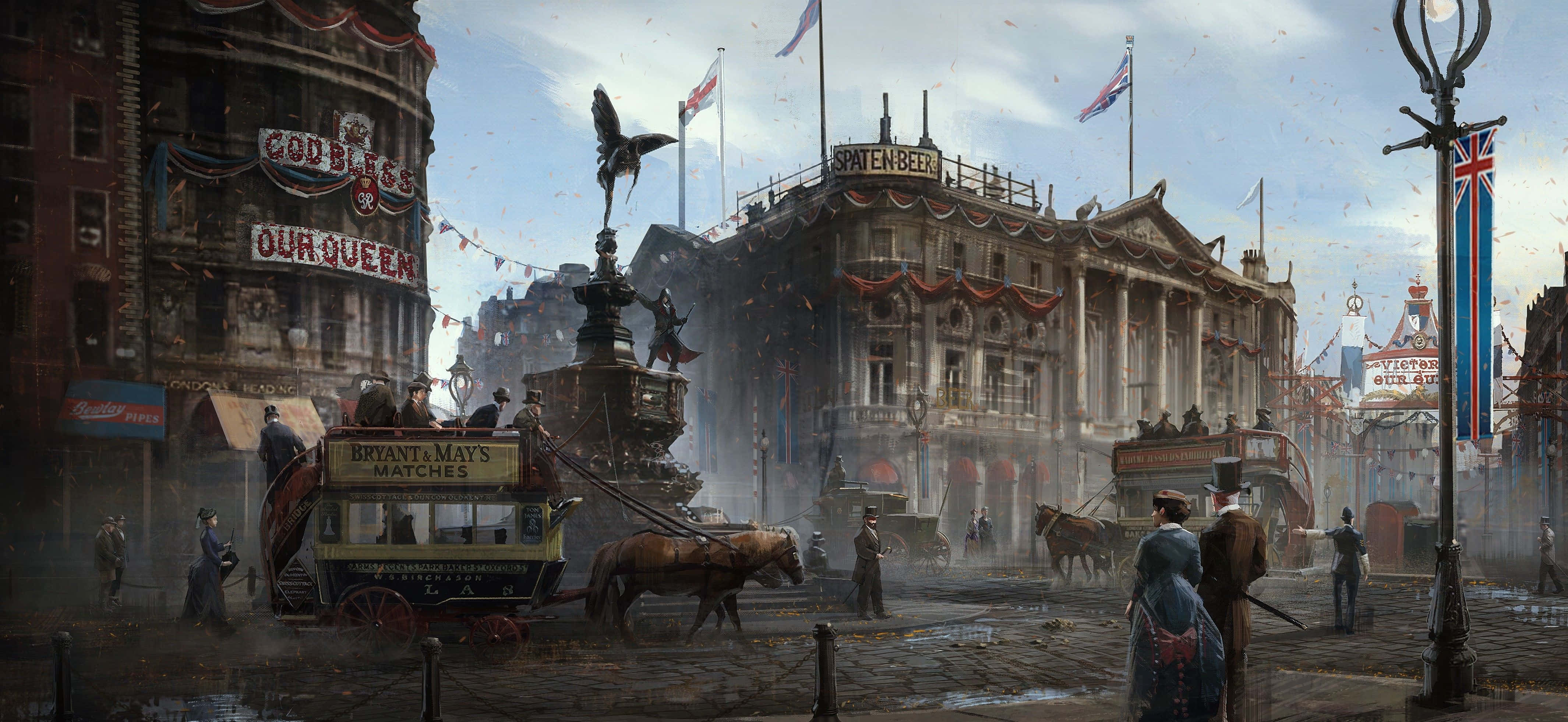 Assassin's Creed Syndicate 桌布 壁紙 — 維多利亞時代繁華的城市街道，馬車和華麗建築在陰雲密佈的天空下。