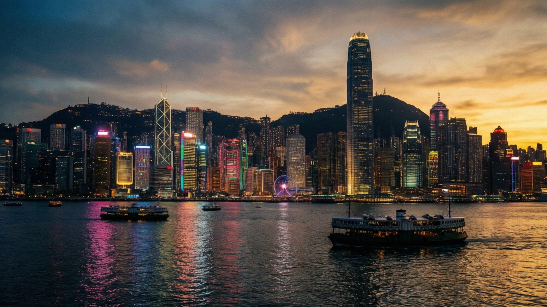 維多利亞港霓虹暮色 壁紙 — 黃昏時分充滿活力的城市天際線，色彩繽紛的摩天大樓倒映在水面上，渡輪在港口中滑行。