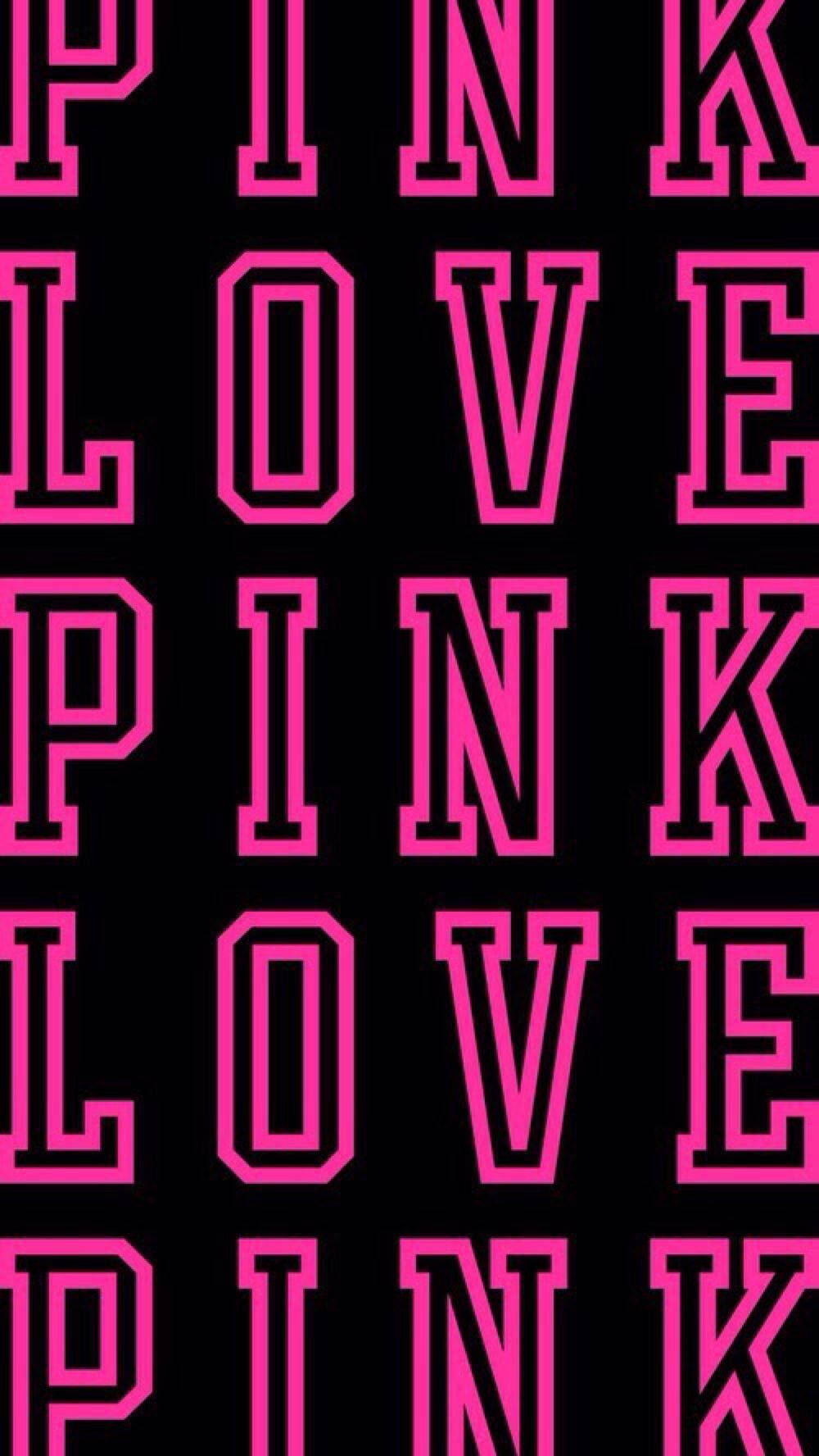 維多利亞的秘密 Love Pink 壁紙 — 大膽的粉紅色粗體字母拼出 PINK 和 LOVE，在純黑色背景上重複排列成網格。