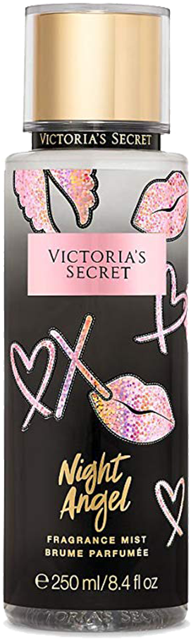 維多利亞的秘密夜天使香氛噴霧 壁紙 — Victoria's Secret Night Angel 香水噴霧瓶，黑色標籤上帶有閃亮嘴唇、心形和化妝刷圖案。