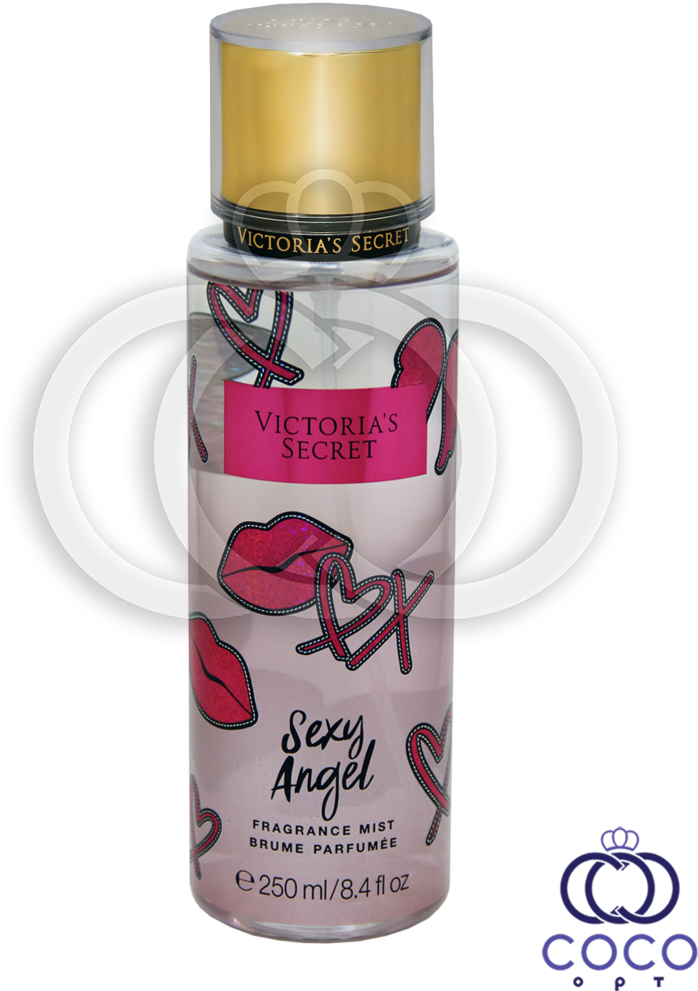 維多利亞的秘密性感天使香水霧 壁紙 — Victoria's Secret Sexy Angel 香水噴霧瓶，黑色背景上帶有粉紅唇和心形設計。