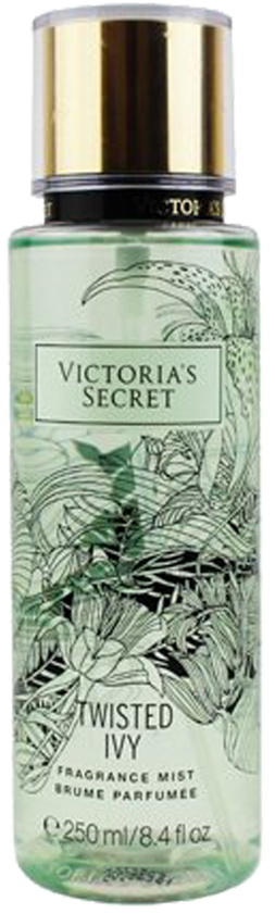 維多利亞的秘密扭曲常春藤香氛噴霧 壁紙 — 一個透明嘅Victoria's Secret Twisted Ivy香水噴霧樽，配有金色蓋同植物插圖。