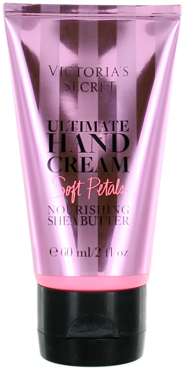 維多利亞的秘密柔嫩花瓣護手霜 壁紙 — 一支亮面粉紅色Victoria's Secret Ultimate Hand Cream（Soft Petals香味）在純黑背景前矗立。