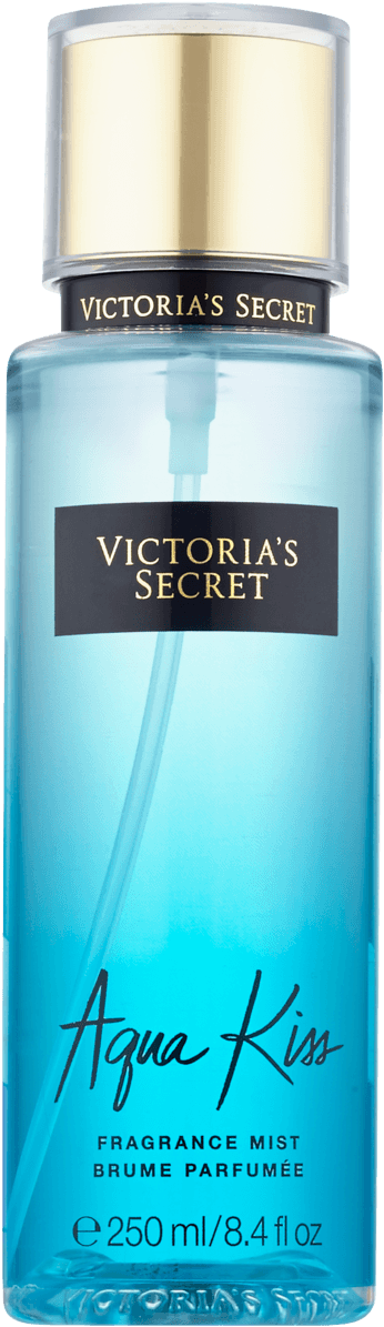 維多利亞的秘密水之吻香水噴霧 壁紙 — 一個透明藍色的Victoria's Secret Aqua Kiss香水噴霧瓶，配有金色瓶蓋和黑色標籤。