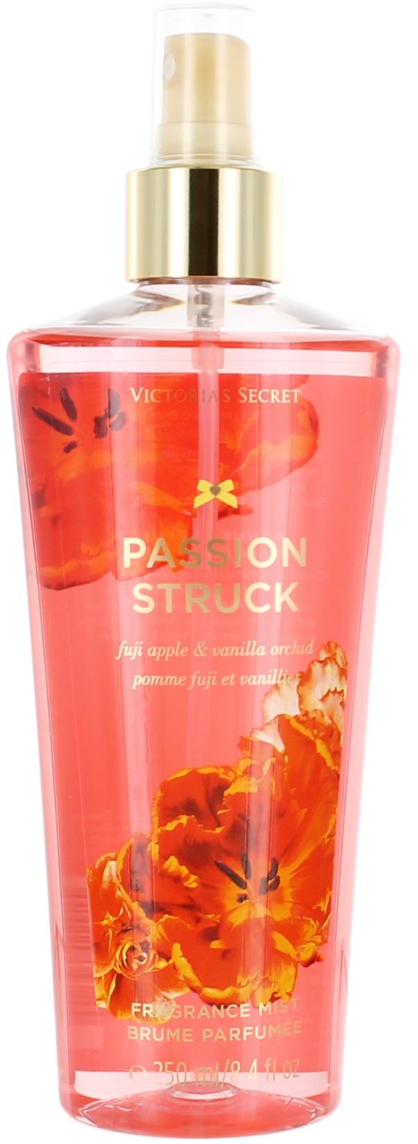 維多利亞的秘密熱情襲來香氛噴霧 壁紙 — 一個透明的Victoria's Secret Passion Struck香水噴霧瓶，裝滿粉紅色液體和橙色花卉圖案。
