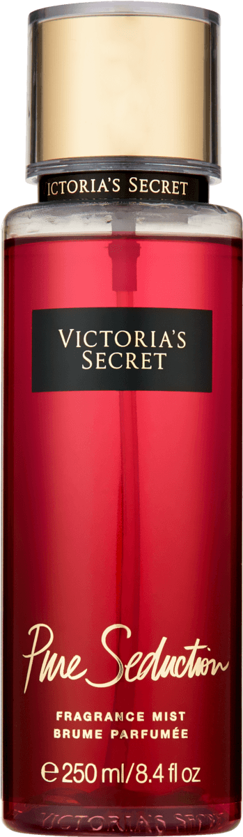 維多利亞的秘密純真誘惑香氛噴霧 壁紙 — 時尚的紅色Victoria's Secret Pure Seduction香水噴霧瓶，配有金色瓶蓋和黑色標籤。