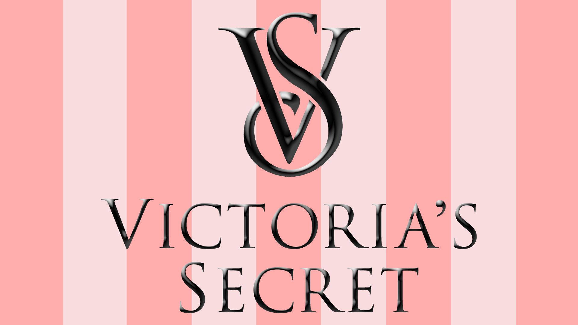 維多利亞的秘密經典 VS 標誌 壁紙 — 一個時尚的黑色Victoria's Secret標誌，居中在柔和的粉紅色和淺粉紅色垂直條紋上。