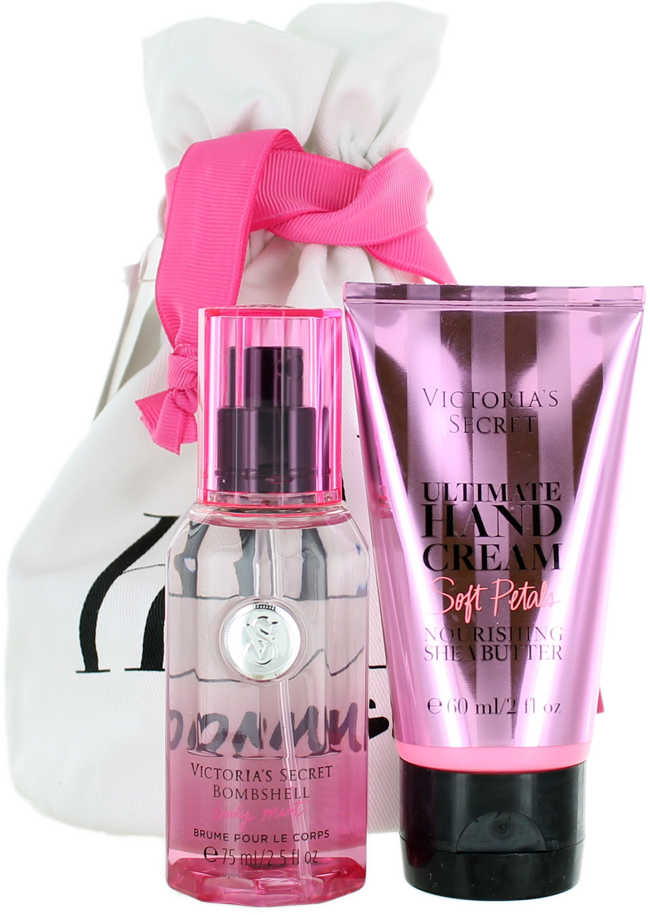 維多利亞的秘密美容產品 壁紙 — Victoria's Secret Bombshell 身體噴霧和護手霜，粉紅色包裝，配以白色禮物袋，繫上粉紅色絲帶。