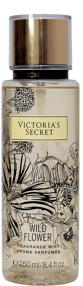 維多利亞的秘密野花香氛噴霧瓶 壁紙 — 一個透明的Victoria's Secret Wild Flower香水噴霧瓶，帶有黑色花卉插圖和金色瓶蓋。