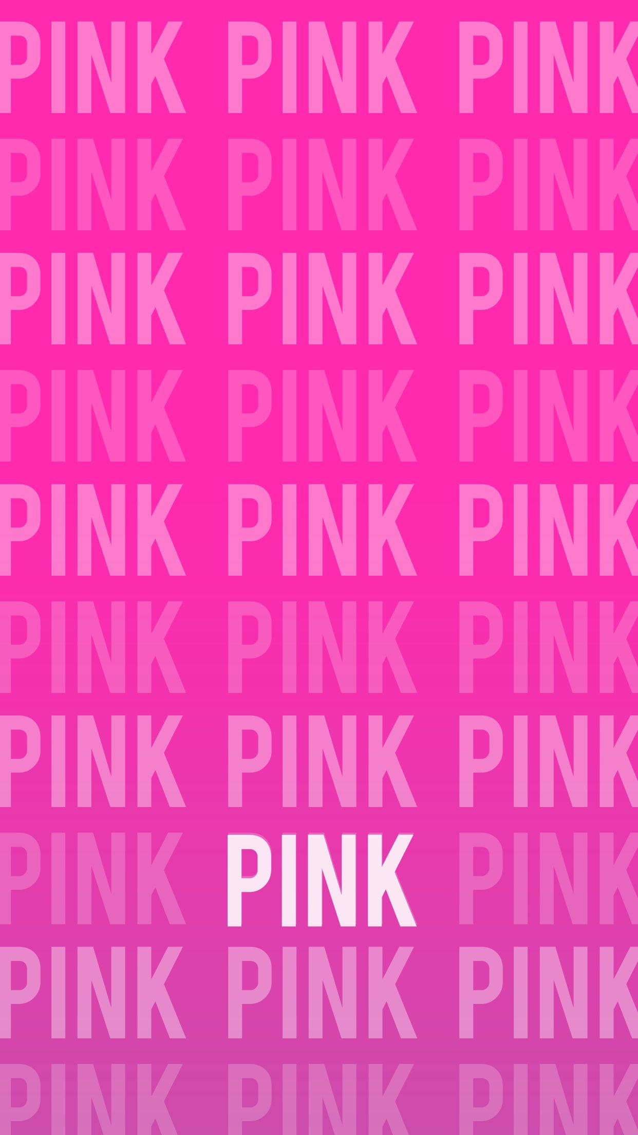 維多利亞的秘密鮮豔 PINK 標誌圖案 壁紙 — 充滿活力的粉紅色漸變背景，重複的 'PINK' 文字以不同透明度排列，形成大膽的圖形圖案。