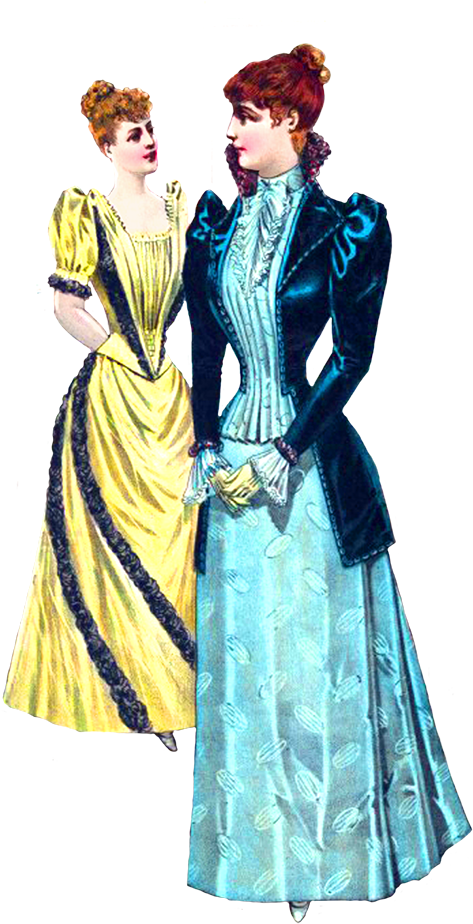 維多利亞風格女性服裝插畫 壁紙 — 兩位穿著復古禮服的優雅女士在黑色背景前擺姿勢，一位身穿黃色配黑色飾邊，另一位身穿藍色天鵝絨和圖案裙子。