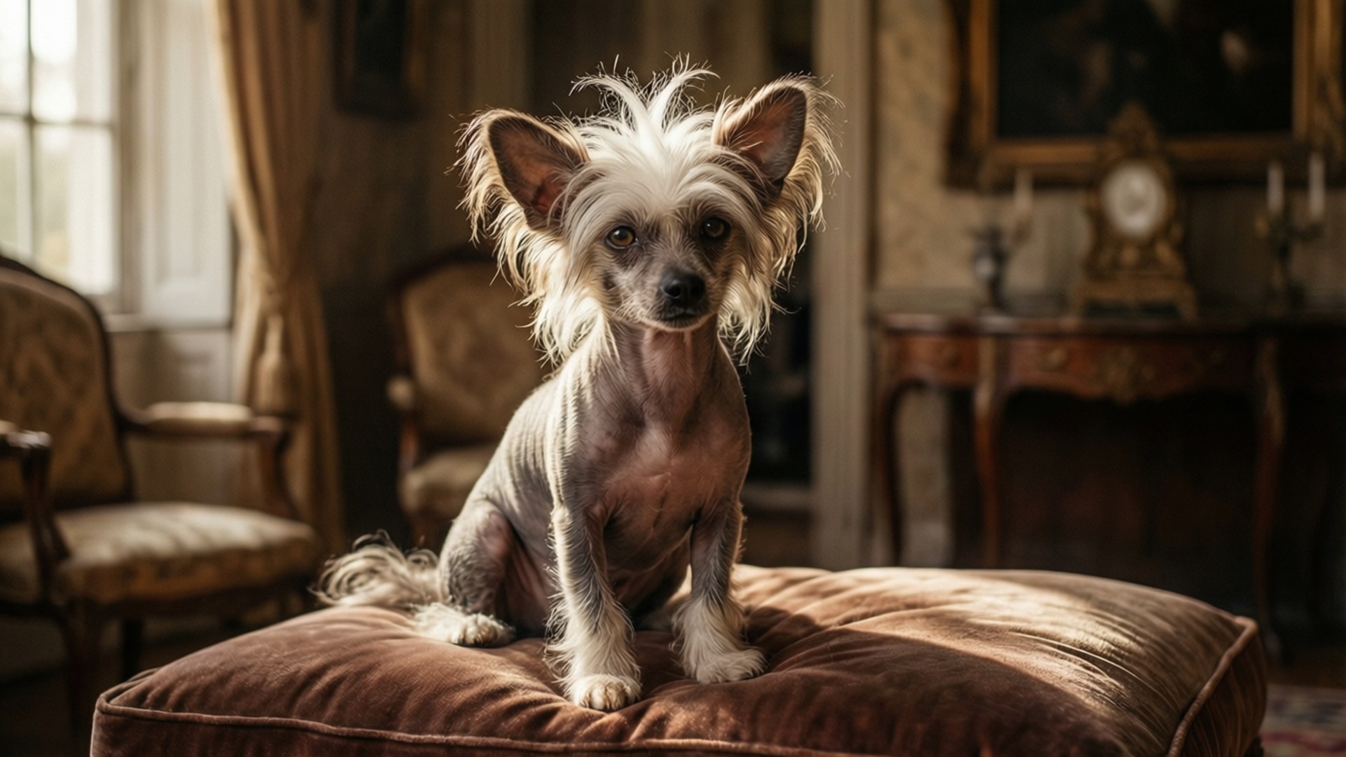 維多利亞風雅緻犬 壁紙 — 一隻無毛的中國冠毛犬，帶有蓬鬆的白色毛簇，威風凜凜地坐在陽光普照的復古客廳的棕色天鵝絨軟凳上。