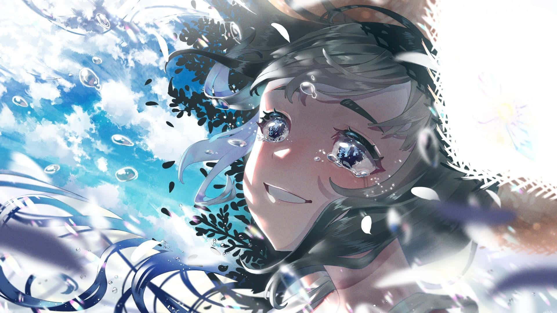 維尼哭泣畫面 壁紙 — 一位微笑的動漫女孩，深色頭髮，閃閃發光的眼睛，在明亮的天空下被旋轉的水泡和漂浮的樹葉包圍。