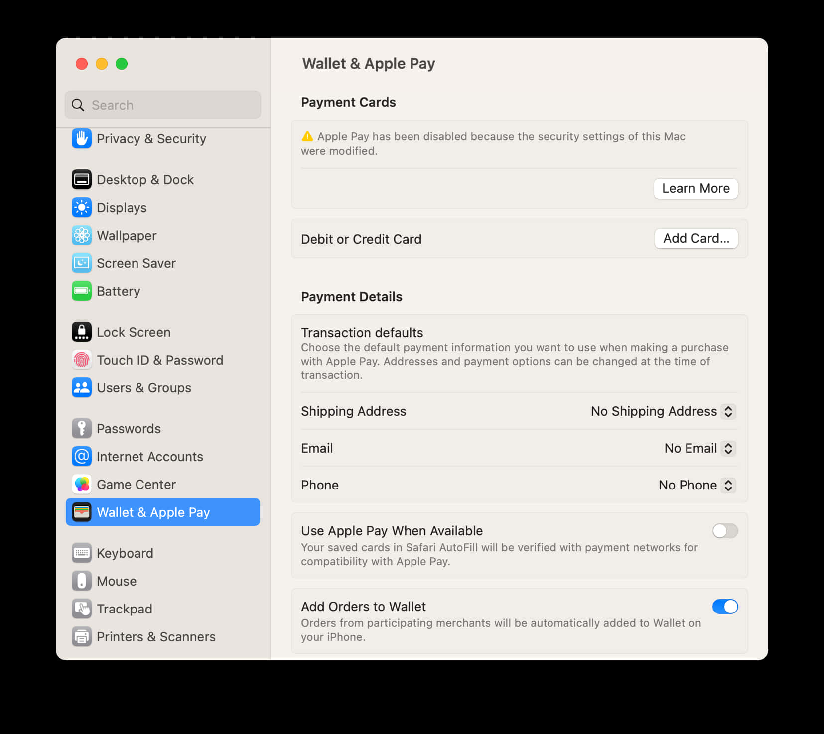 Mac 系統偏好設定視窗（Wallet 和 Apple Pay）中 Apple Pay 已停用。