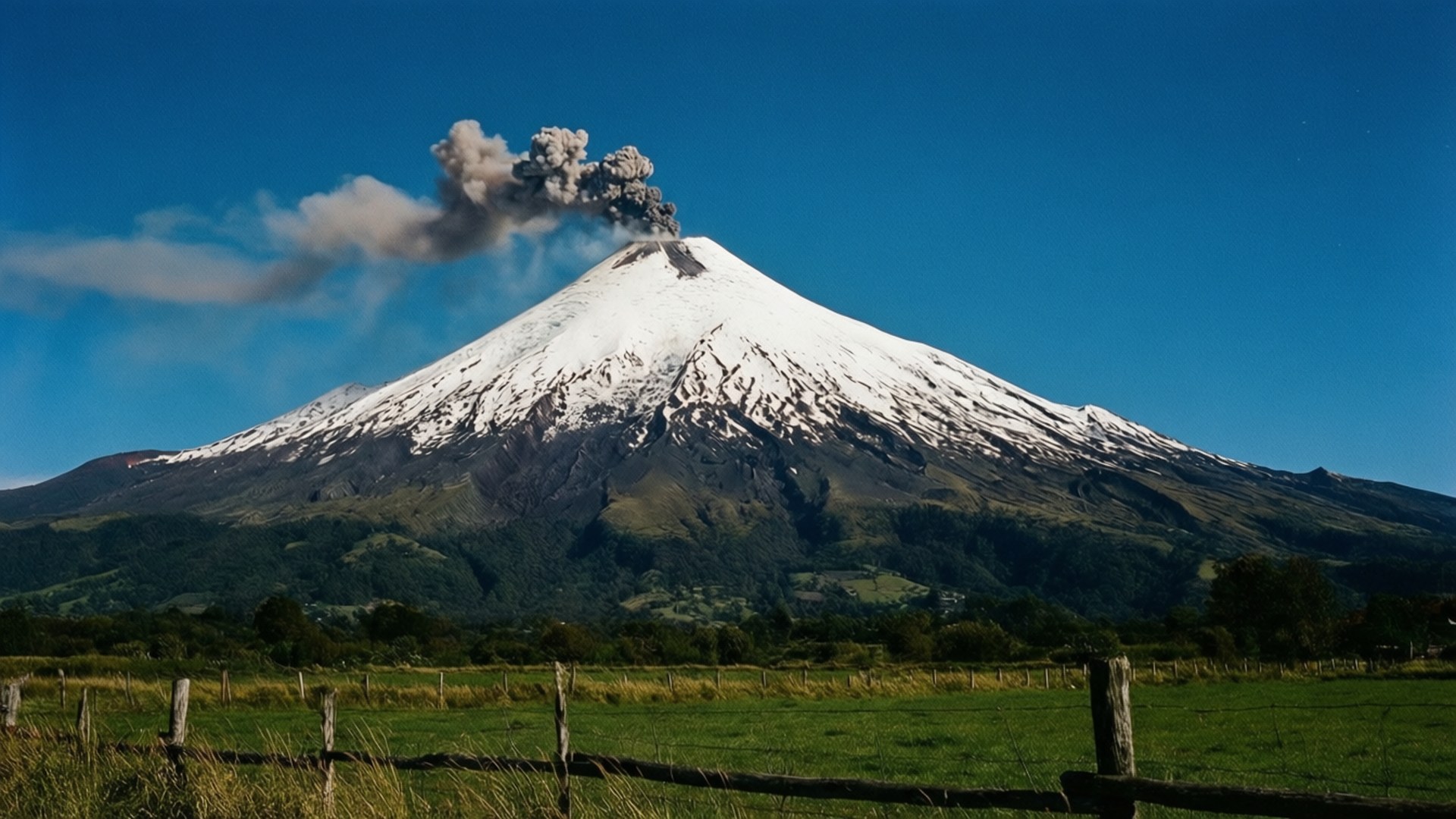 積雪火山在綠色田野上噴煙，有木柵欄