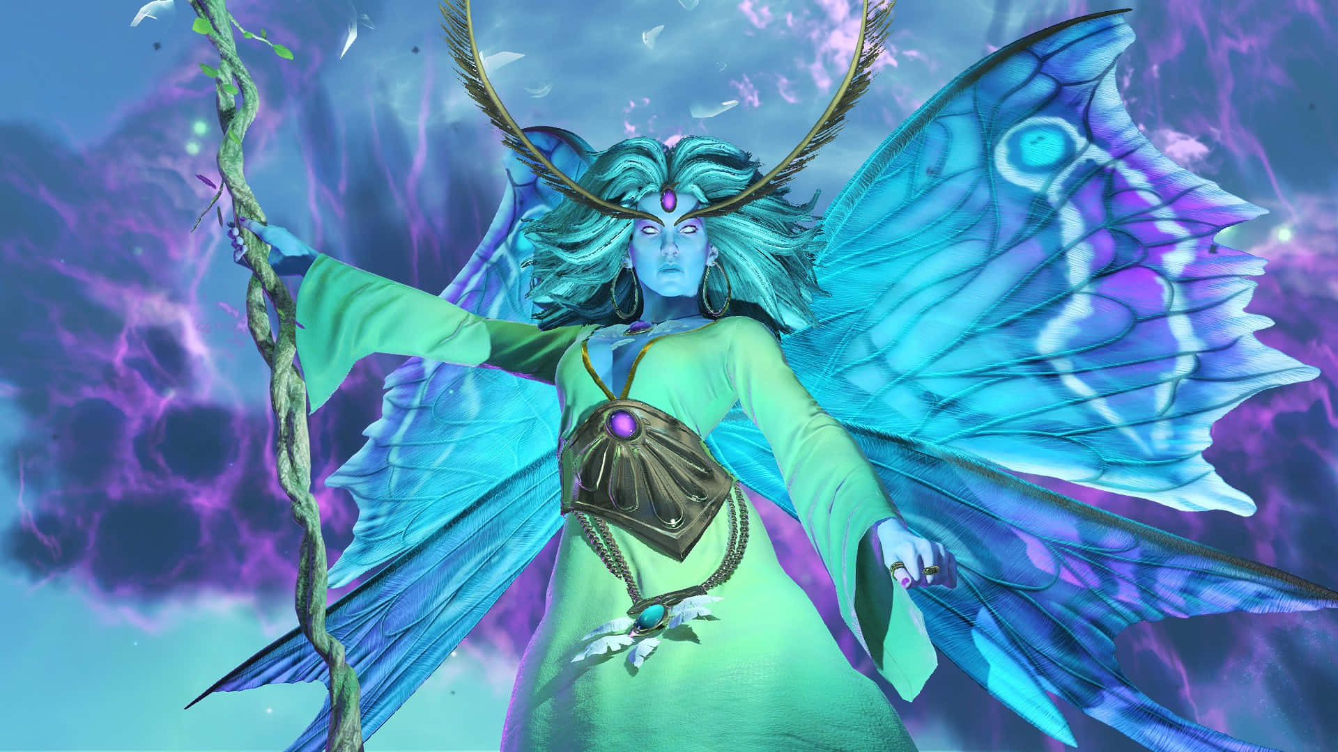 維斯庫拉螳螂 1920x1080 Total War Warhammer 背景 壁紙 — 一位擁有蝴蝶翅膀和鹿角的神秘藍皮膚女神，在旋轉的紫色和藍色宇宙背景下手持法杖。