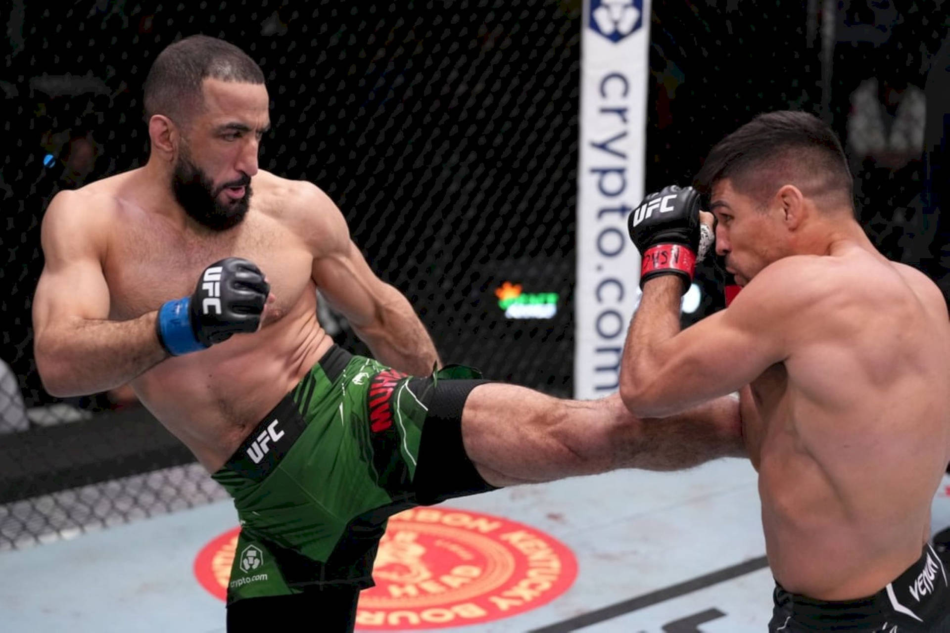 兩名男性MMA拳手在八角籠中，在UFC比賽中交換高踢和阻擋。