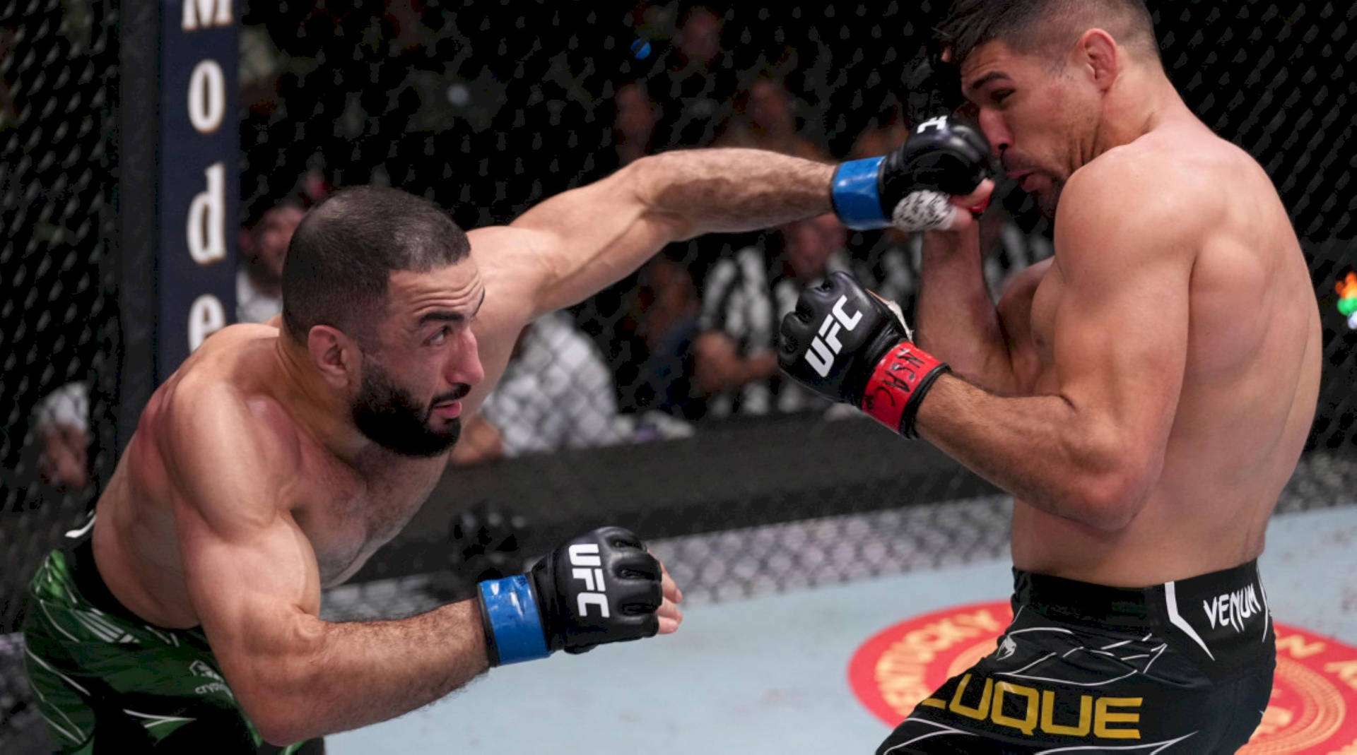兩名男性拳手在鐵籠內進行綜合格鬥比賽時互相出拳。