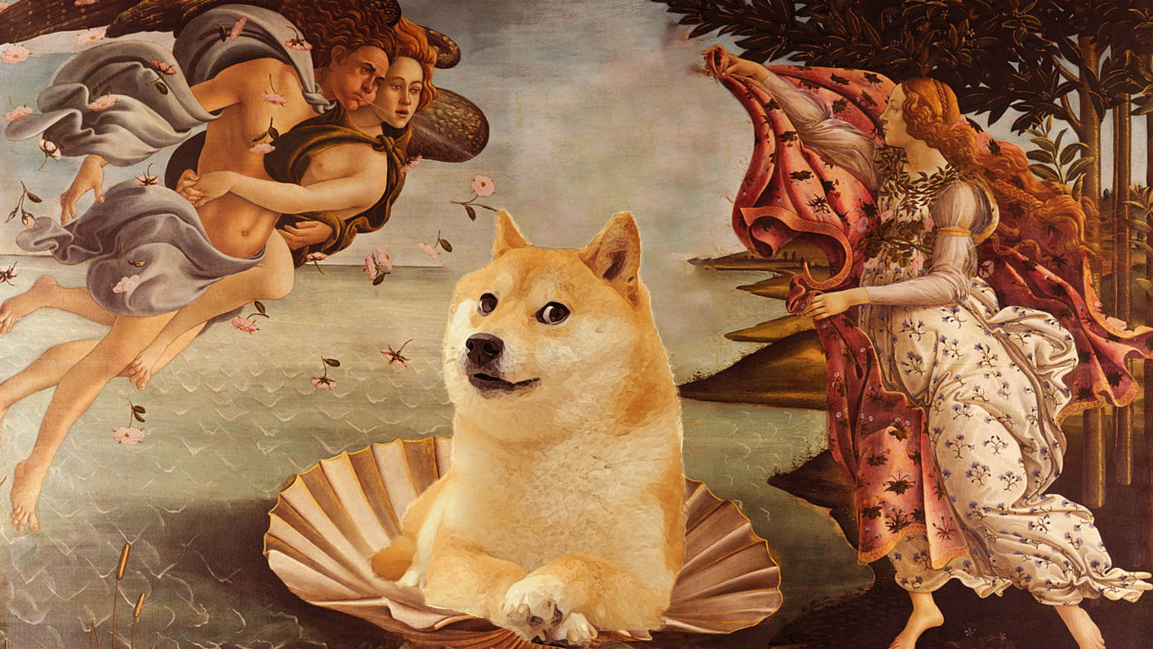 維納斯誕生的柴犬版 壁紙 — 一隻柴犬坐在貝殼前景，疊加在一幅文藝復興時期神話人物在水景中的畫作上。