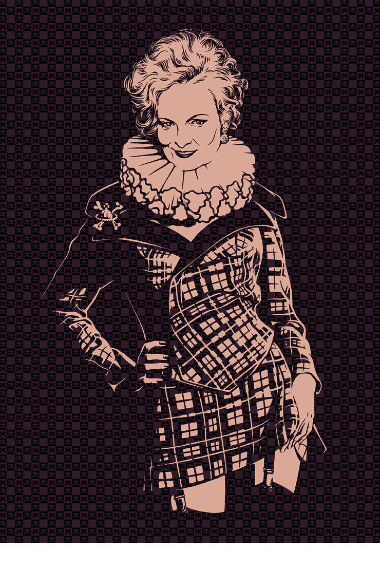 一位穿著格子裙和荷葉邊領的女性站在棋盤格紋背景前。