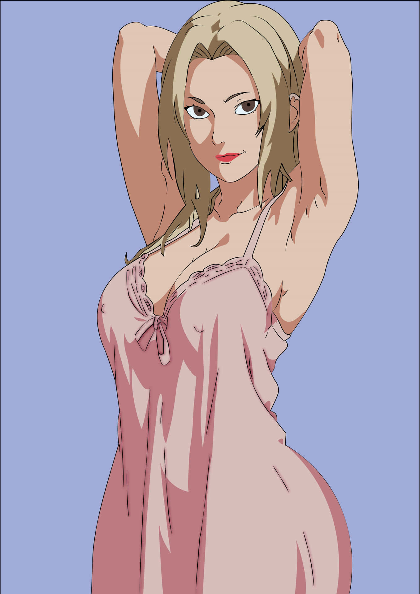 金髮動漫女性穿著粉紅色蕾絲睡衣，在藍色背景前舉起雙臂擺姿勢
