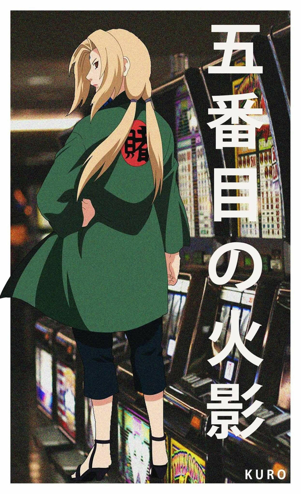 動漫女孩穿綠色外套站在賭場與老虎機