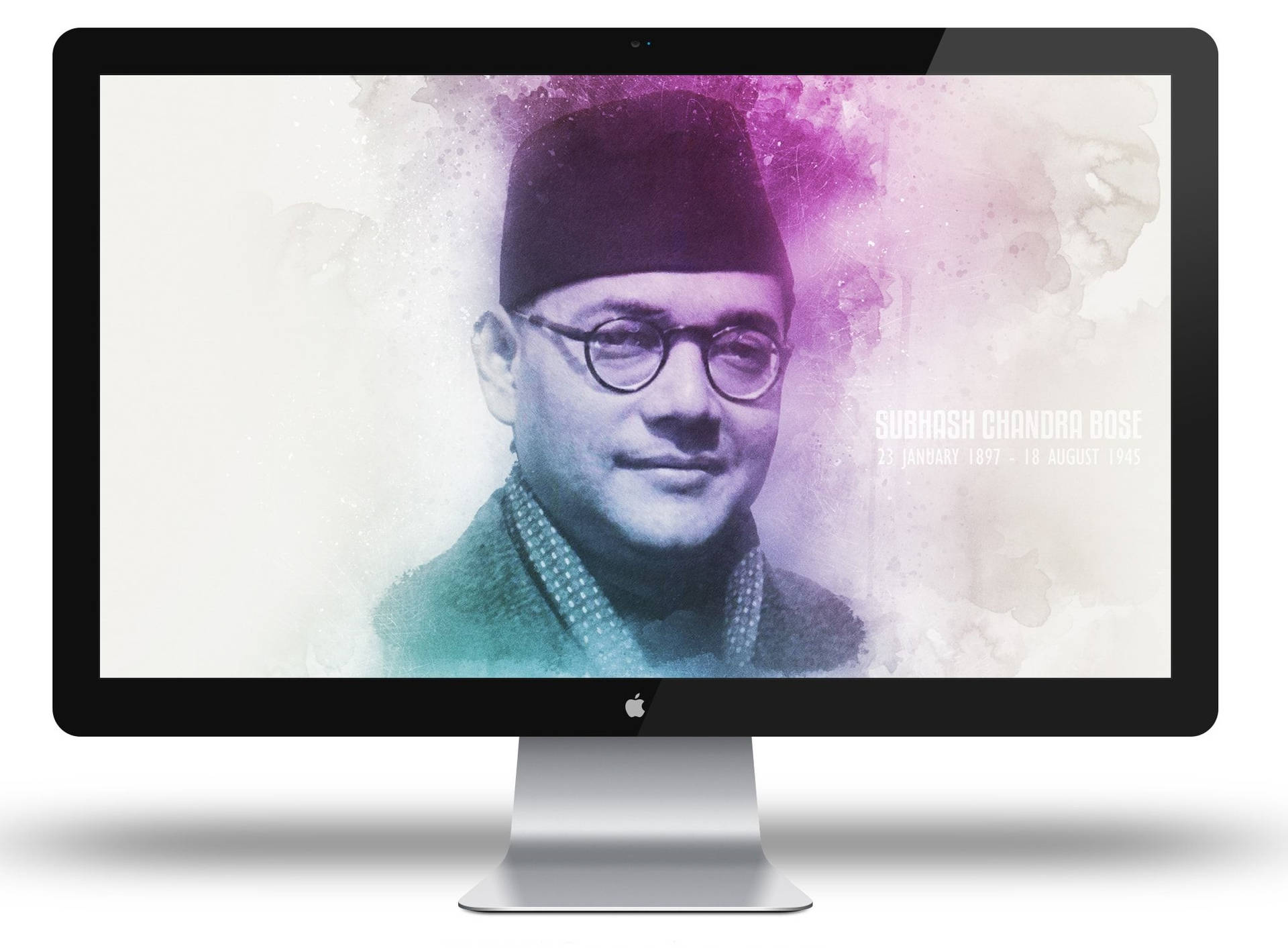 iMac 顯示 Subhash Chandra Bose 的水彩肖像及文字