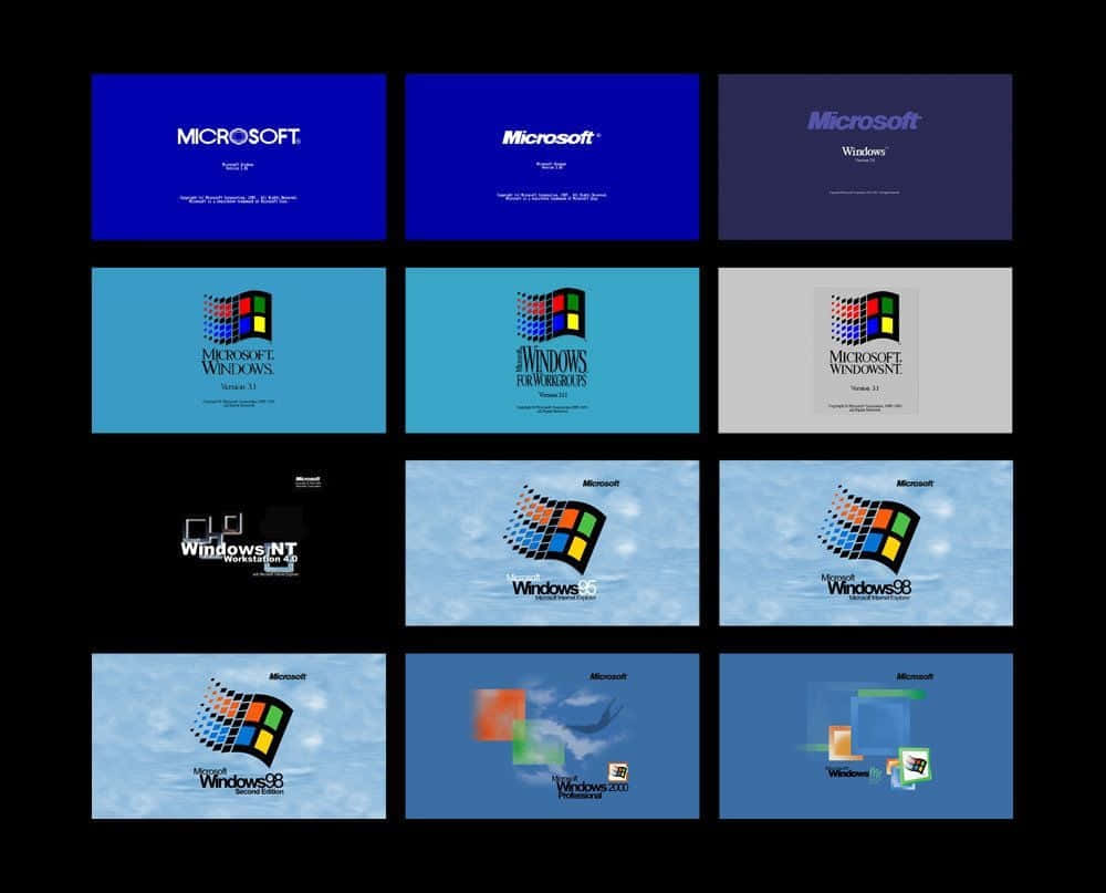 2000s 桌布 壁紙 — 網格狀的Microsoft Windows操作系統啟動畫面，從1985年到2000年，黑色背景。