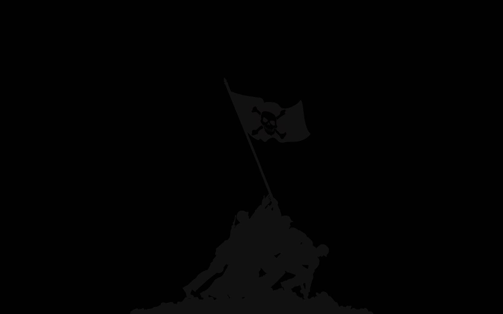 士兵在黑色背景下以剪影形式舉起骷髏旗。