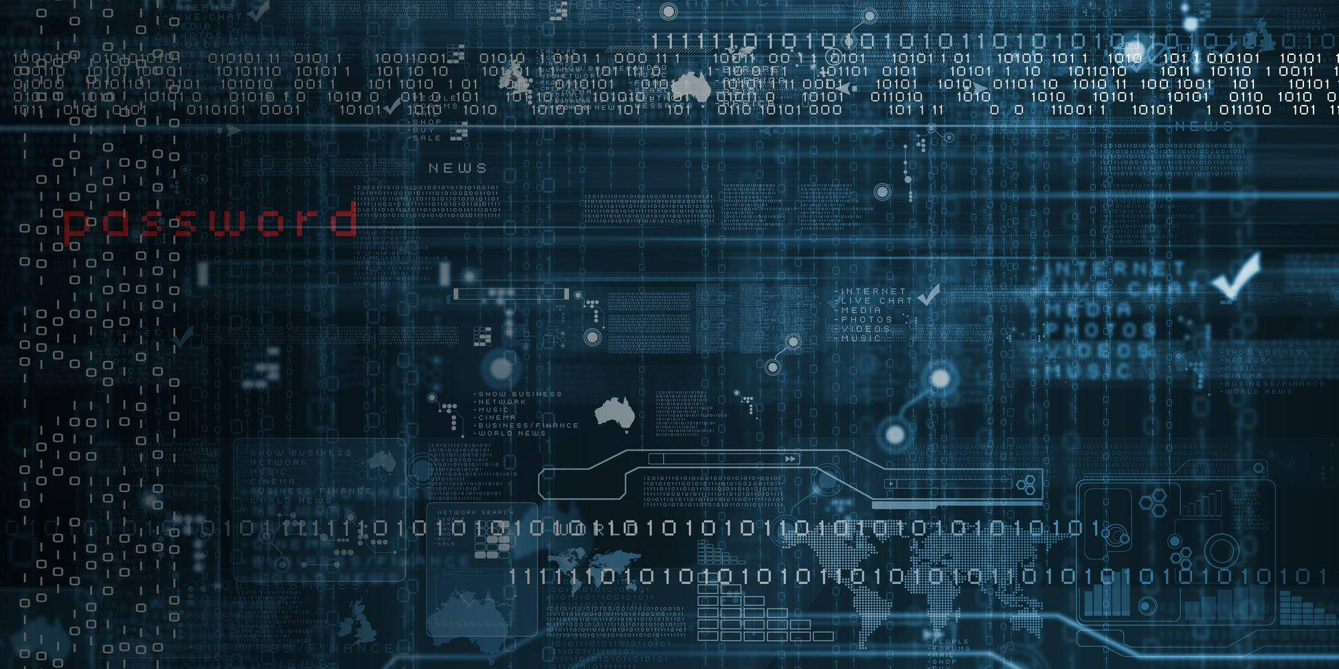 網路安全介面 壁紙 — 數碼介面在藍色科技主題背景上顯示發光的二進制代碼和紅色密碼欄位。