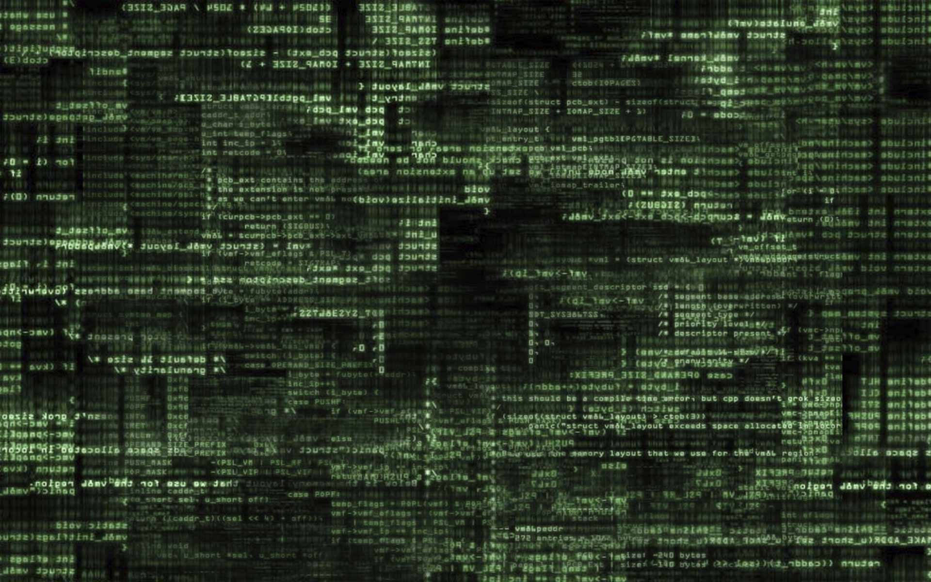 網路安全代碼牆 壁紙 — 一個黑暗的螢幕被層疊的綠色電腦代碼淹沒，營造出數位雨效果。