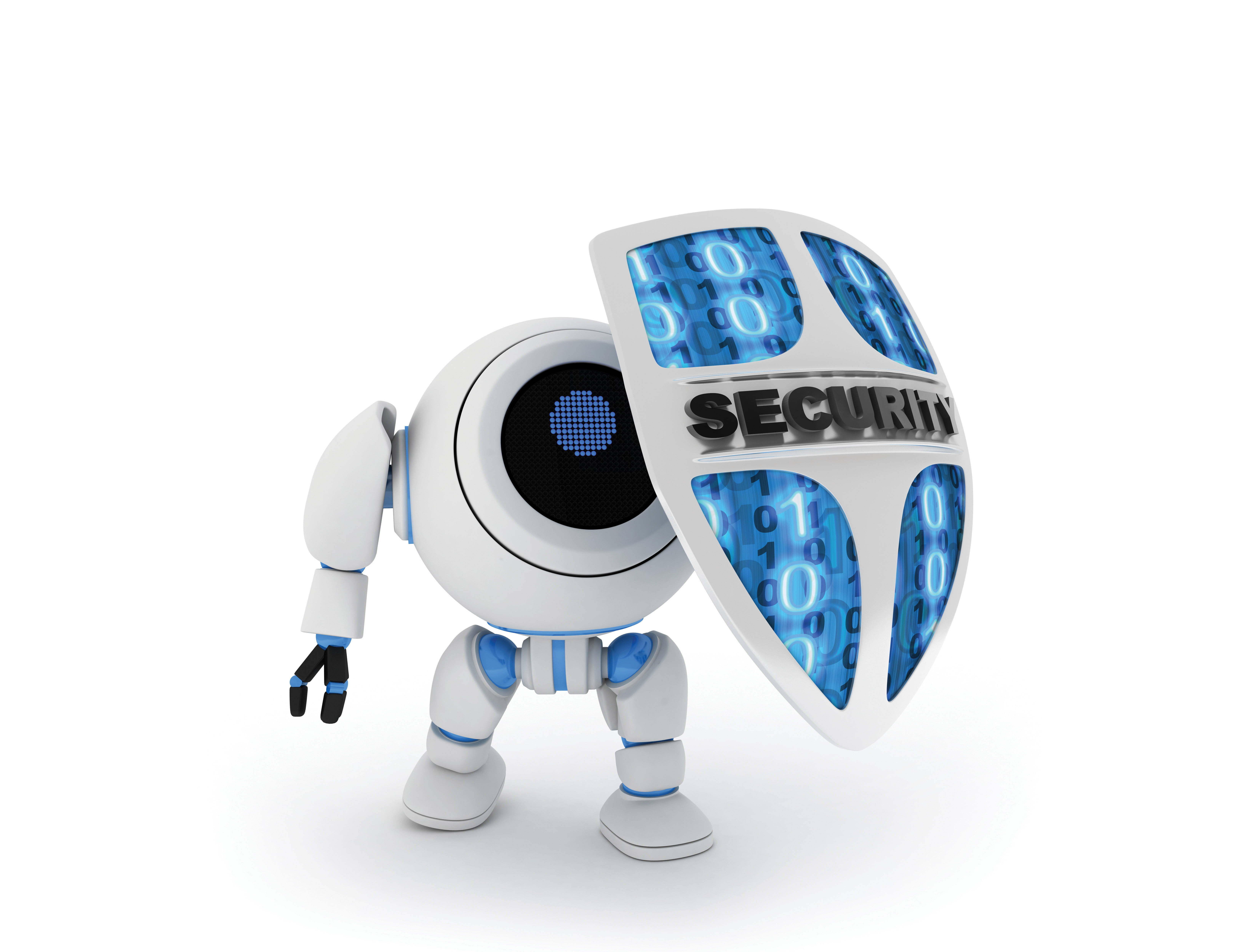 網路安全安卓機器人 壁紙 — 一個帶有藍色點綴的白色機械人，在純白背景前手持一個發光的藍色盾牌，上面顯示二進制代碼和「security」一詞。