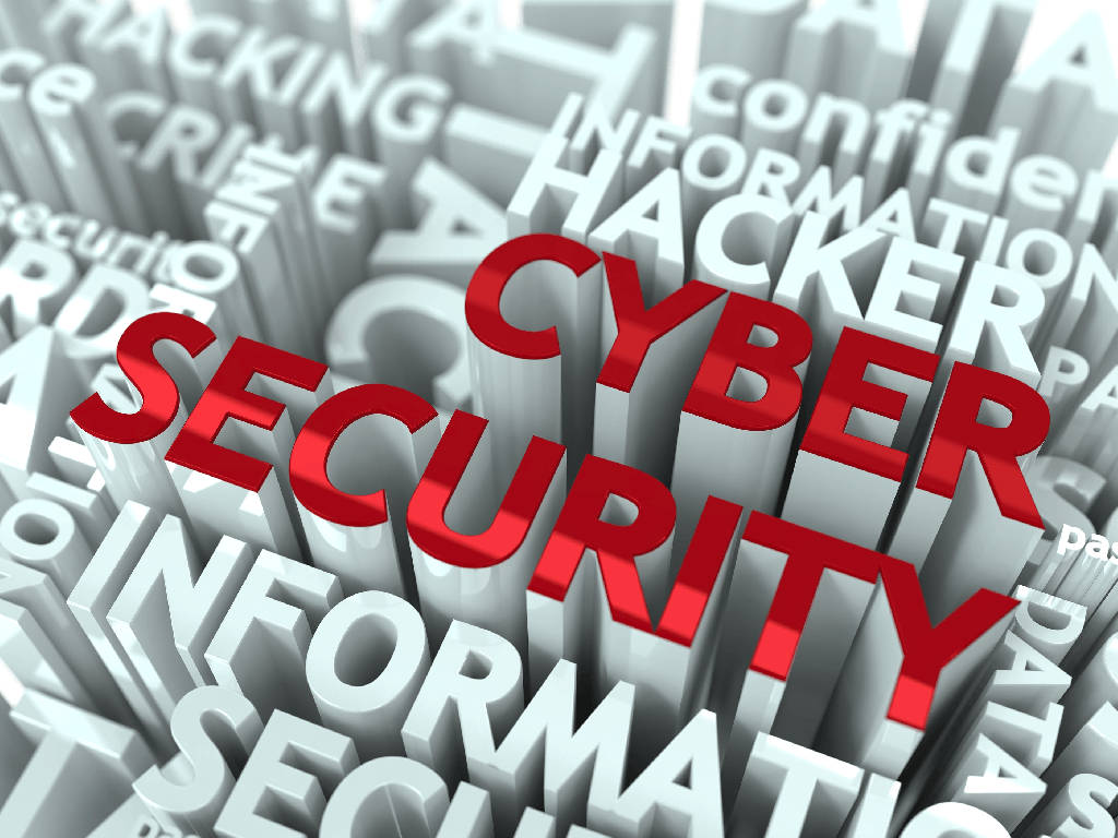 網路安全關鍵字 壁紙 — 大膽的紅色3D文字「CYBER SECURITY」在灰色安全相關詞語的海洋上方升起，構成數位抽象構圖。