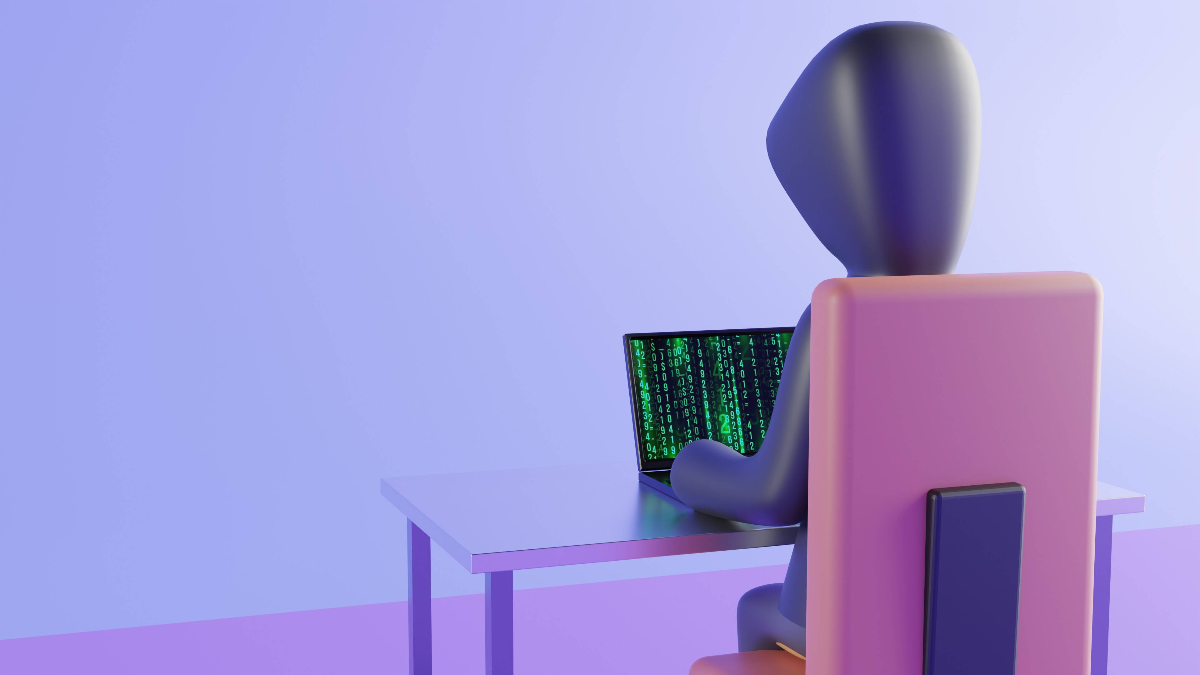 網路安全駭客的筆記本電腦 壁紙 — 一個風格化的3D人物坐在書桌前，在顯示綠色數位代碼的筆記型電腦上打字，背景是柔和的紫色漸層。