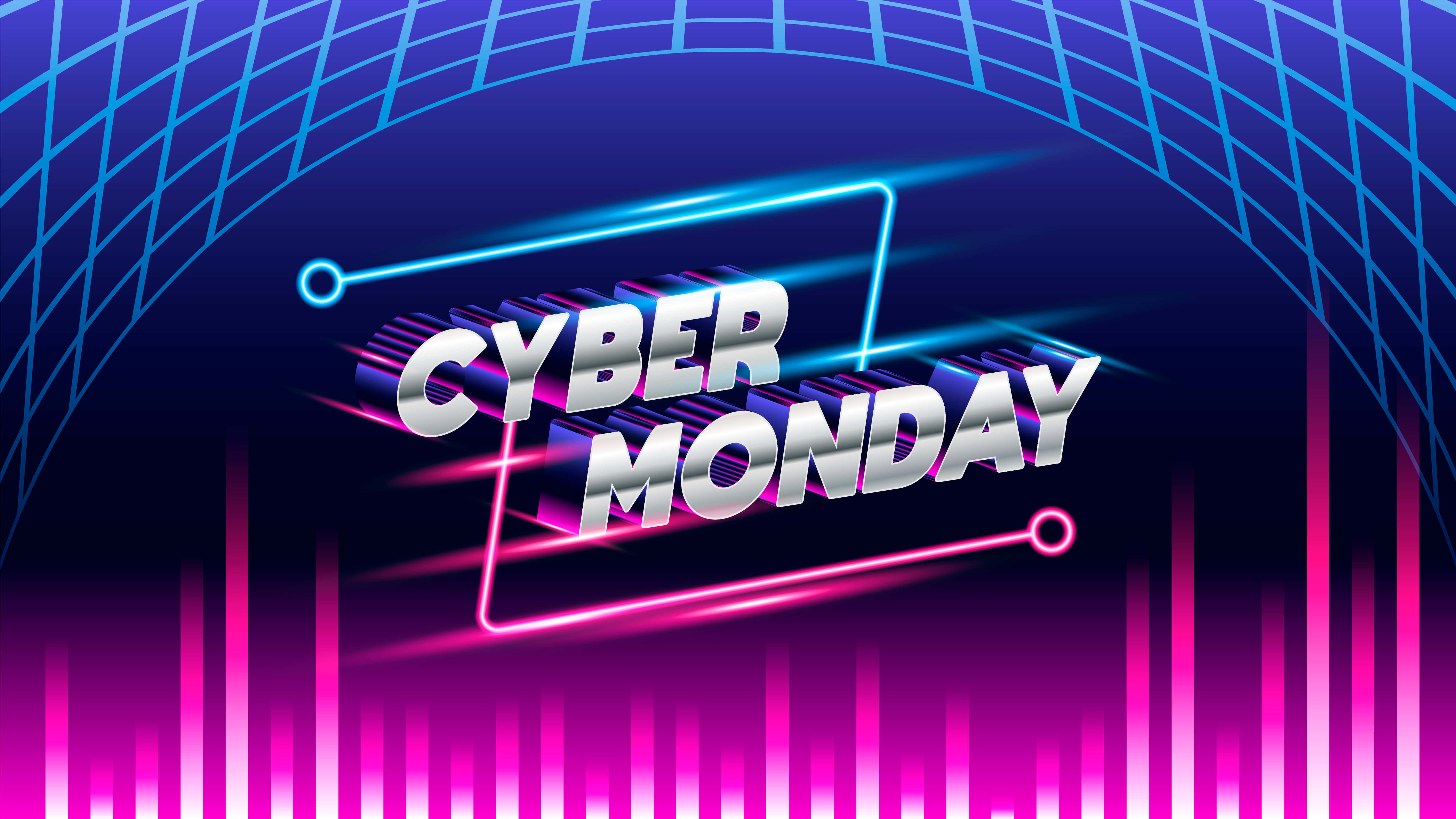 網路星期一 霓虹燈數位藝術圖 壁紙 — Cyber Monday 文字以金屬3D發光，帶有霓虹藍和粉紅光條，背景為數碼網格隧道。