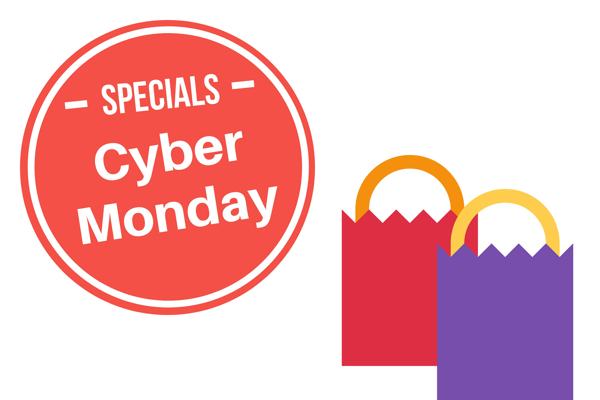 帶有紅色和紫色購物袋的Cyber Monday特價圖形。