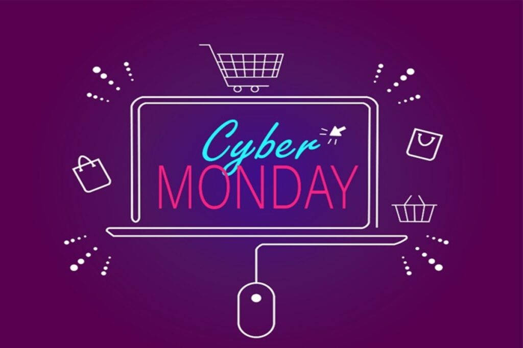Cyber Monday 促銷圖形，包含筆記型電腦、購物車和滑鼠圖示。