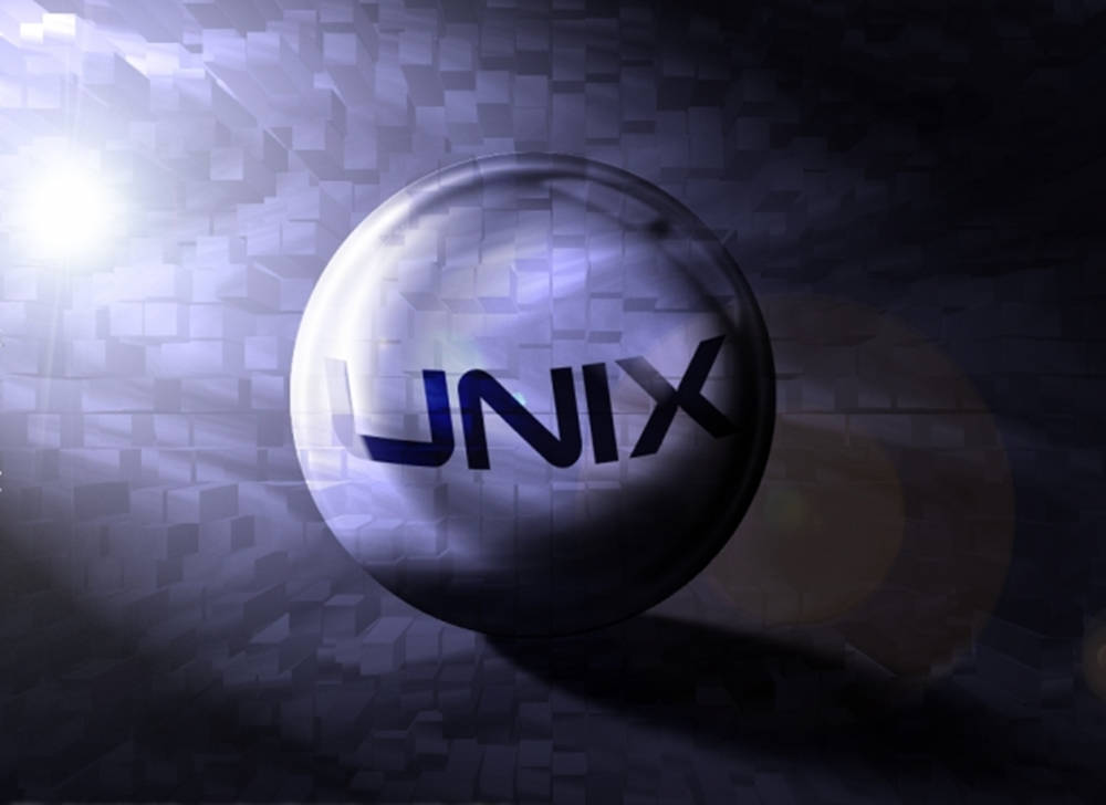 在黑暗的數位環境中，帶有UNIX標誌的光滑球體與發光的立方體。
