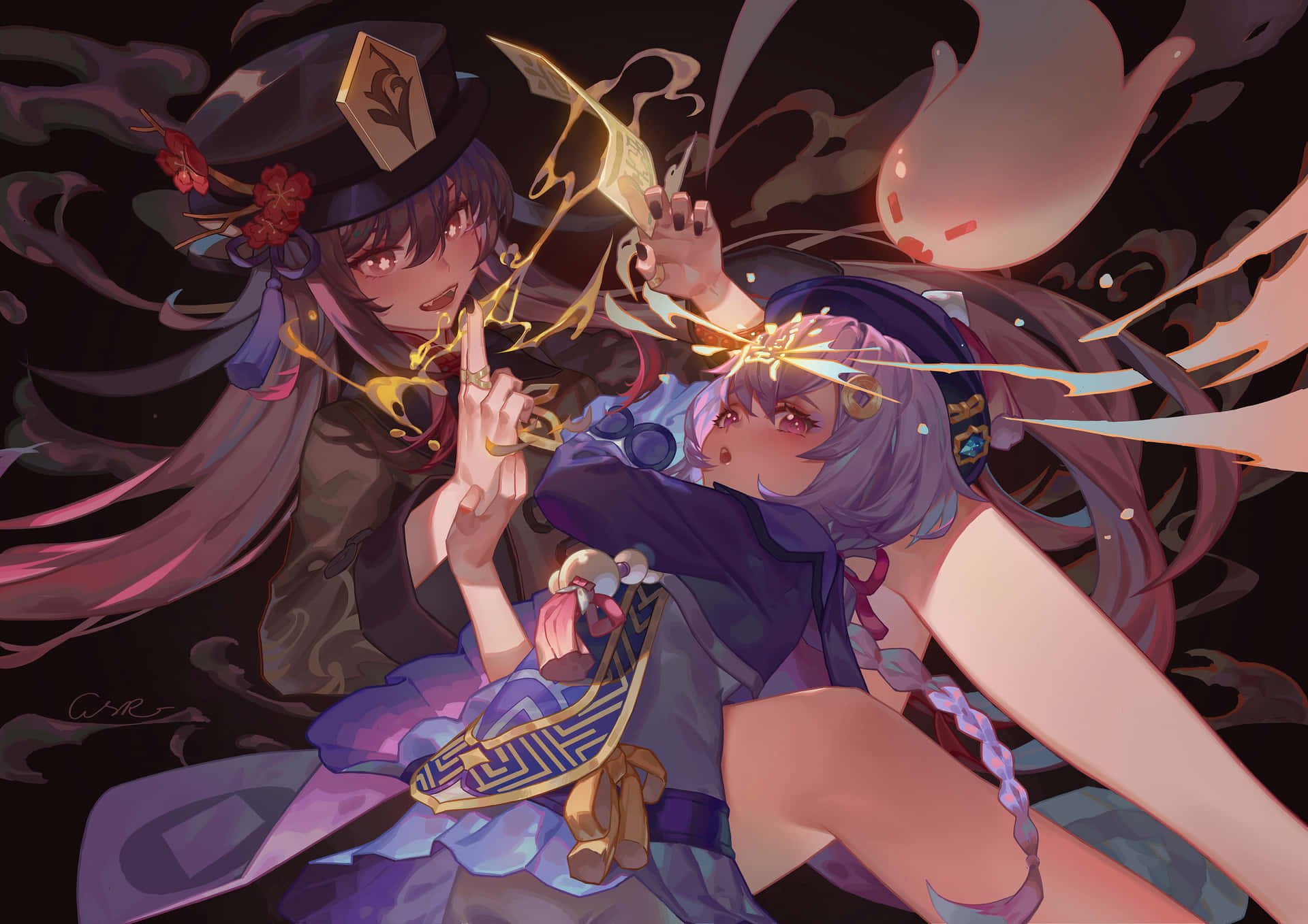 兩位動漫少女在魔法戰鬥場景中揮舞發光武器。