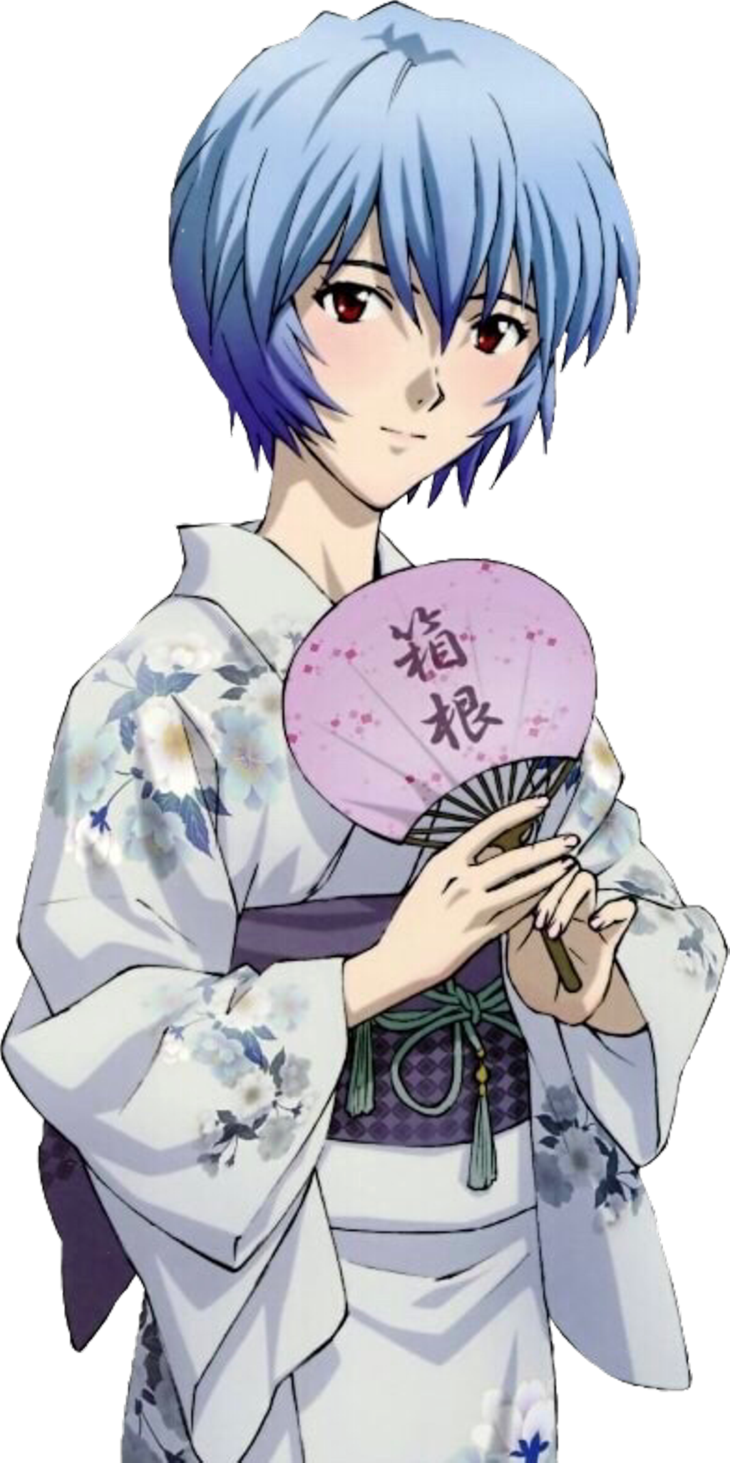 綾波零傳統和服持扇 壁紙 — 藍髮紅眼的動漫女孩穿著花卉和服，手持帶有日文字樣的粉色扇子。