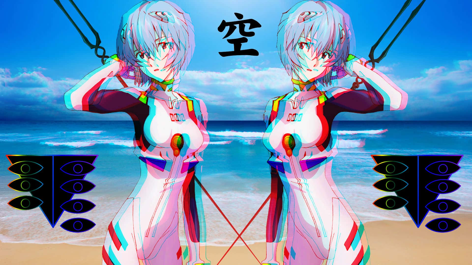 兩個身穿白色西裝的動漫角色在沙灘上，帶有3D立體效果和日本漢字。