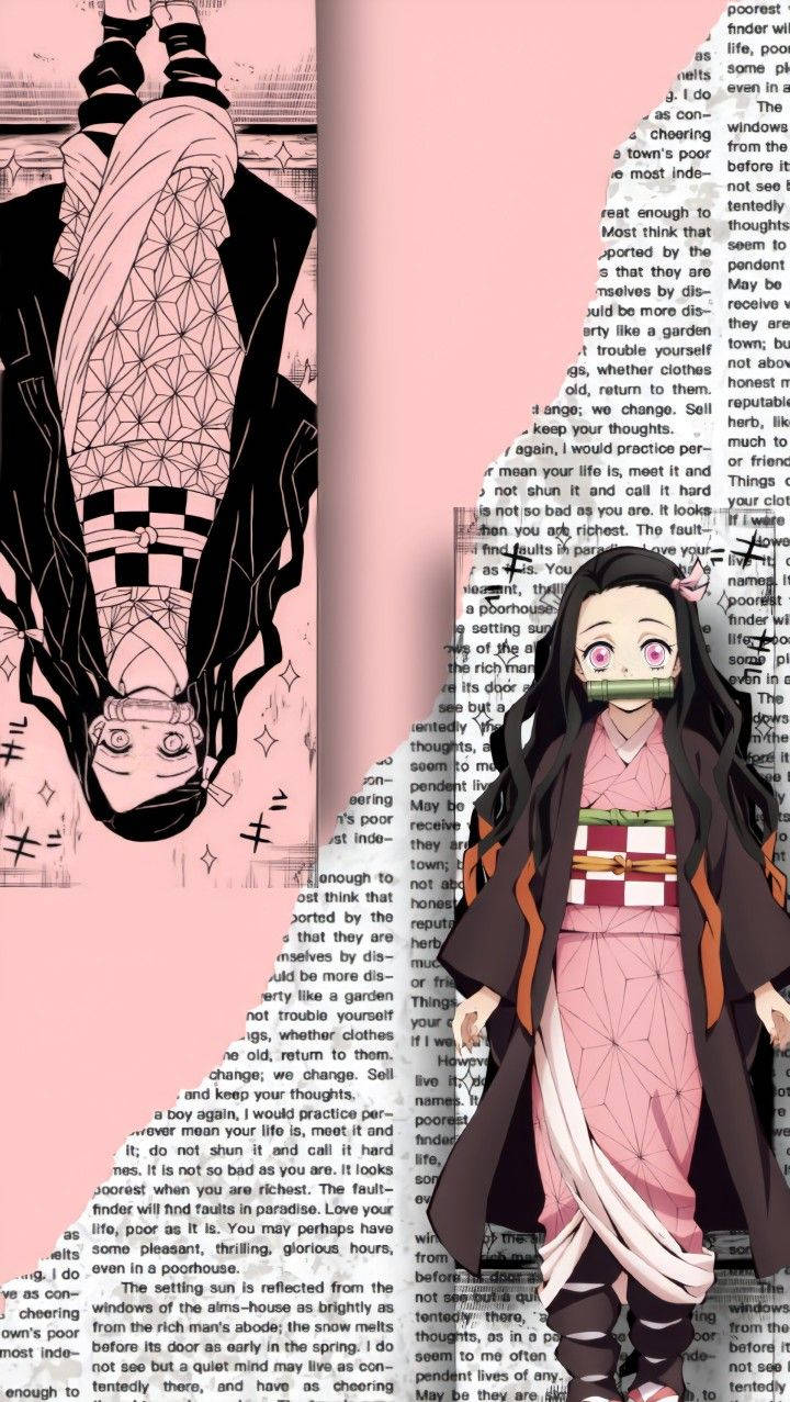 綾瀨奈子手機圖案 倒影與文字背景 壁紙 — 穿著粉紅色和服的動漫女孩站在書頁背景上，旁邊有一個倒置的角色，帶有粉紅色點綴。