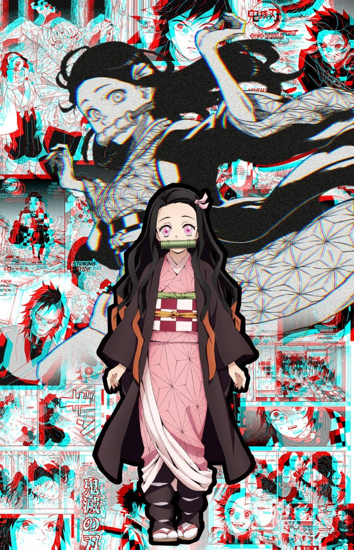 綾瀨奈子手機圖案 漫畫風格 壁紙 — 動漫角色竈門禰豆子站在充滿活力的漫畫面板拼貼畫中央，帶有故障風格的紅色和青色色彩效果。
