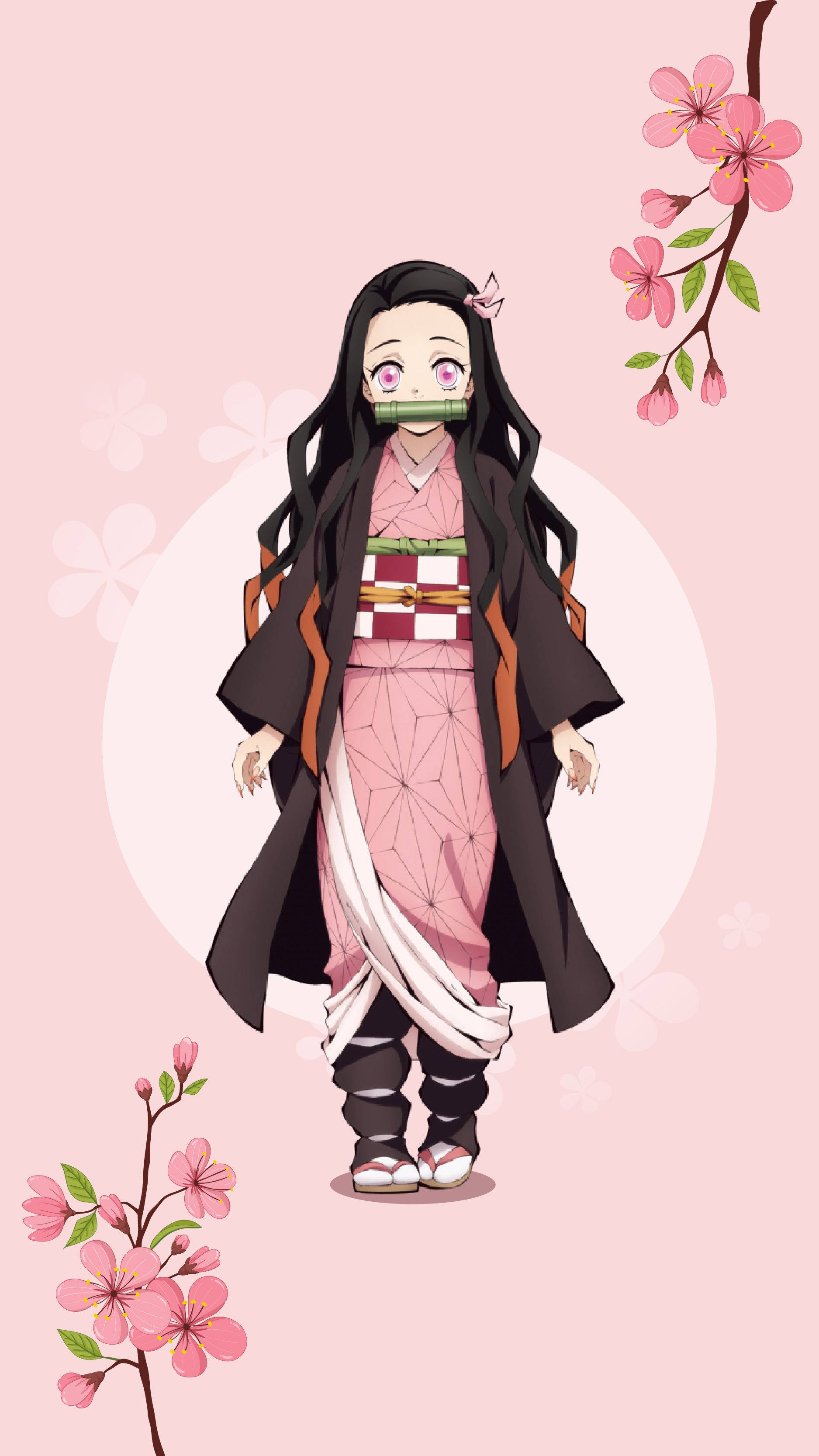 綾瀨奈子手機圖案 粉色花朵裝飾 壁紙 — 動漫女孩穿著粉紅色和服，戴著竹製口塞，站在櫻花中，背景是柔和的粉紅色。