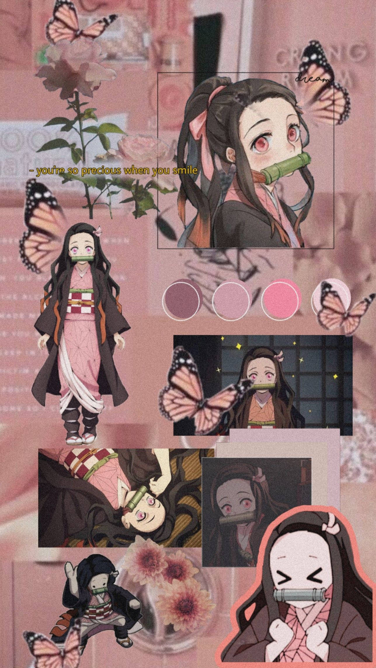 綾瀨奈子手機圖案 花紋拼貼相 壁紙 — 一個以蝴蝶圖案和粉紅色調為主題的動漫女孩拼貼畫，展現各種姿勢和表情。