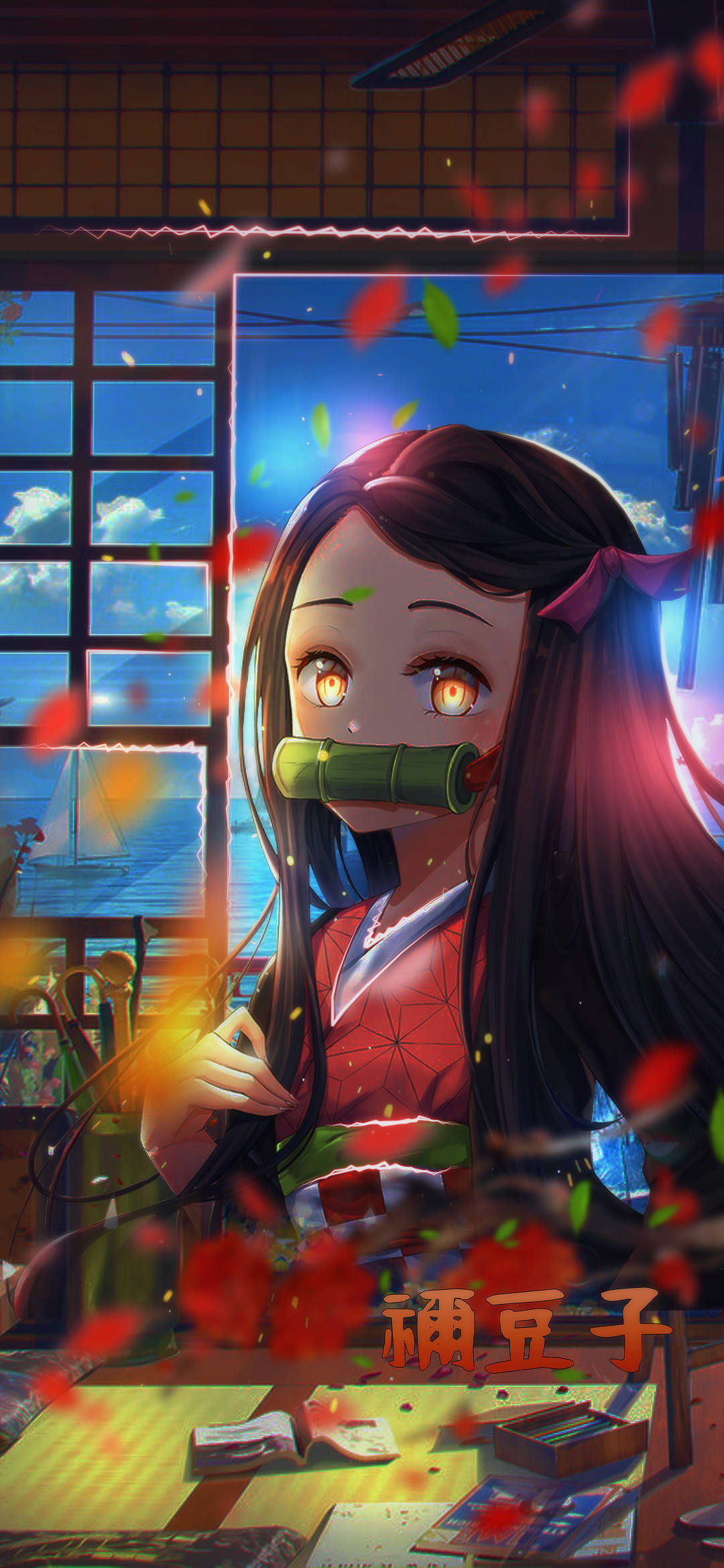 綾瀨奈子手機圖案 落葉場景 壁紙 — 一位年輕的動漫女孩，擁有琥珀色發光的眼睛和竹製口塞，在傳統日式房間中溫暖微笑，櫻花花瓣飄過她身邊。